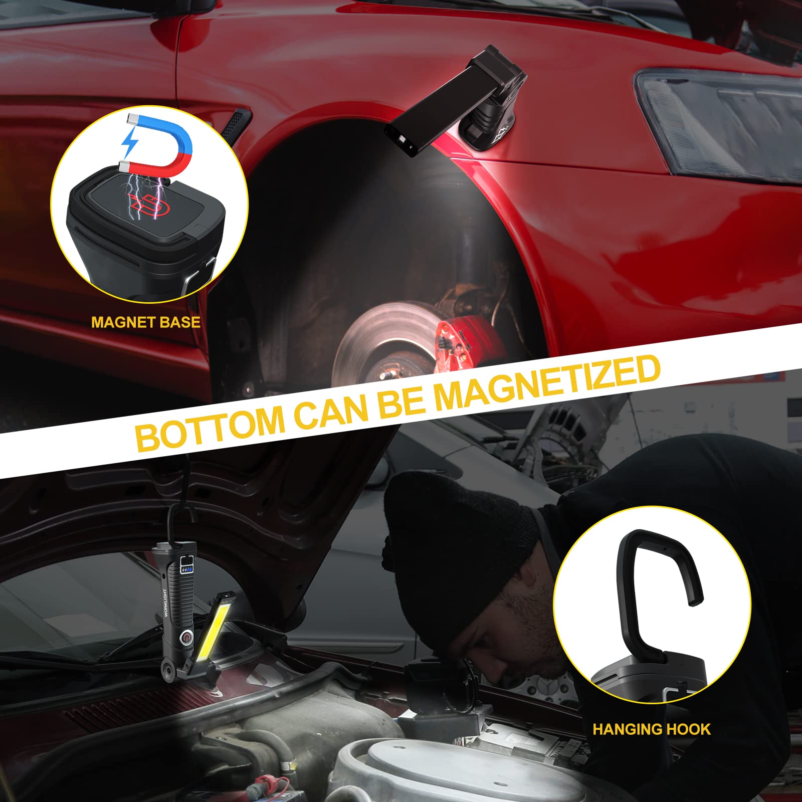 Lhotse Rechargeable Work Lights, Led Work Light With Magnetic Base And 360? Rotation Stand, 5 Modes Cob Bright Flashlights Inspe