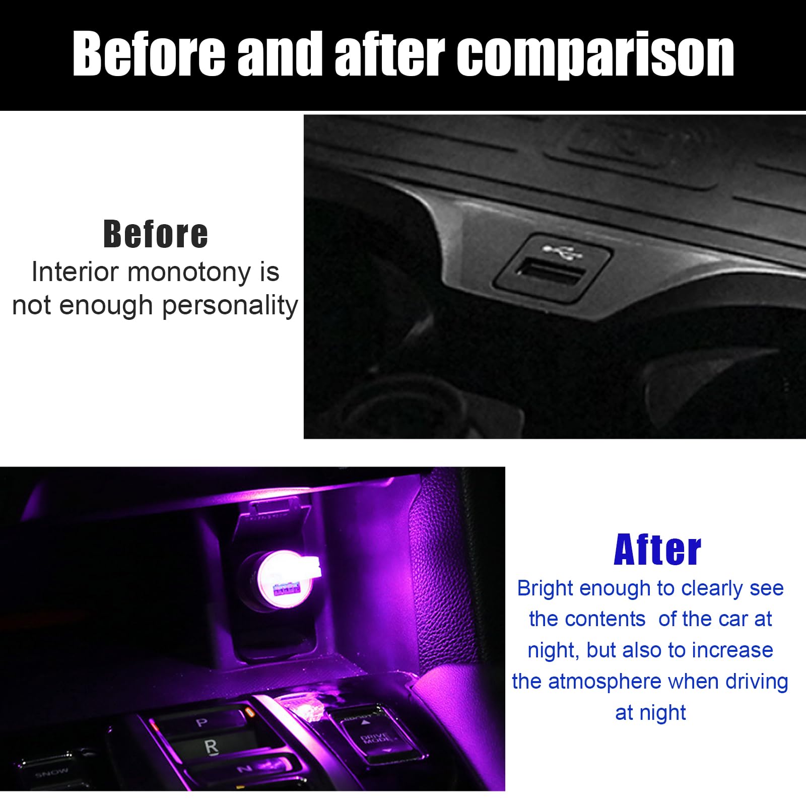 Sylvil 5 Pcs Usb Led Car Interior Atmosphere Lamp  Portable Mini Led Night Light  Plug-In Usb Interface Trunk Ambient Lighting Kit  Universal Interior Car Accessories (Blue+Red+Ice Blue+White+Purple)