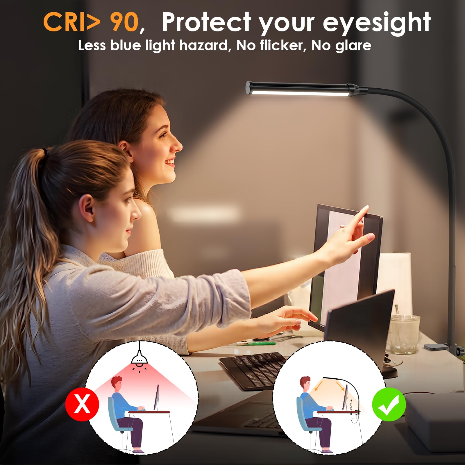 Shinetech Led Desk Lamp With Clamp, 3000K Warm White 11 Brightness Level Eye-Caring Clip Lights For Home Office, Flexible Goosen