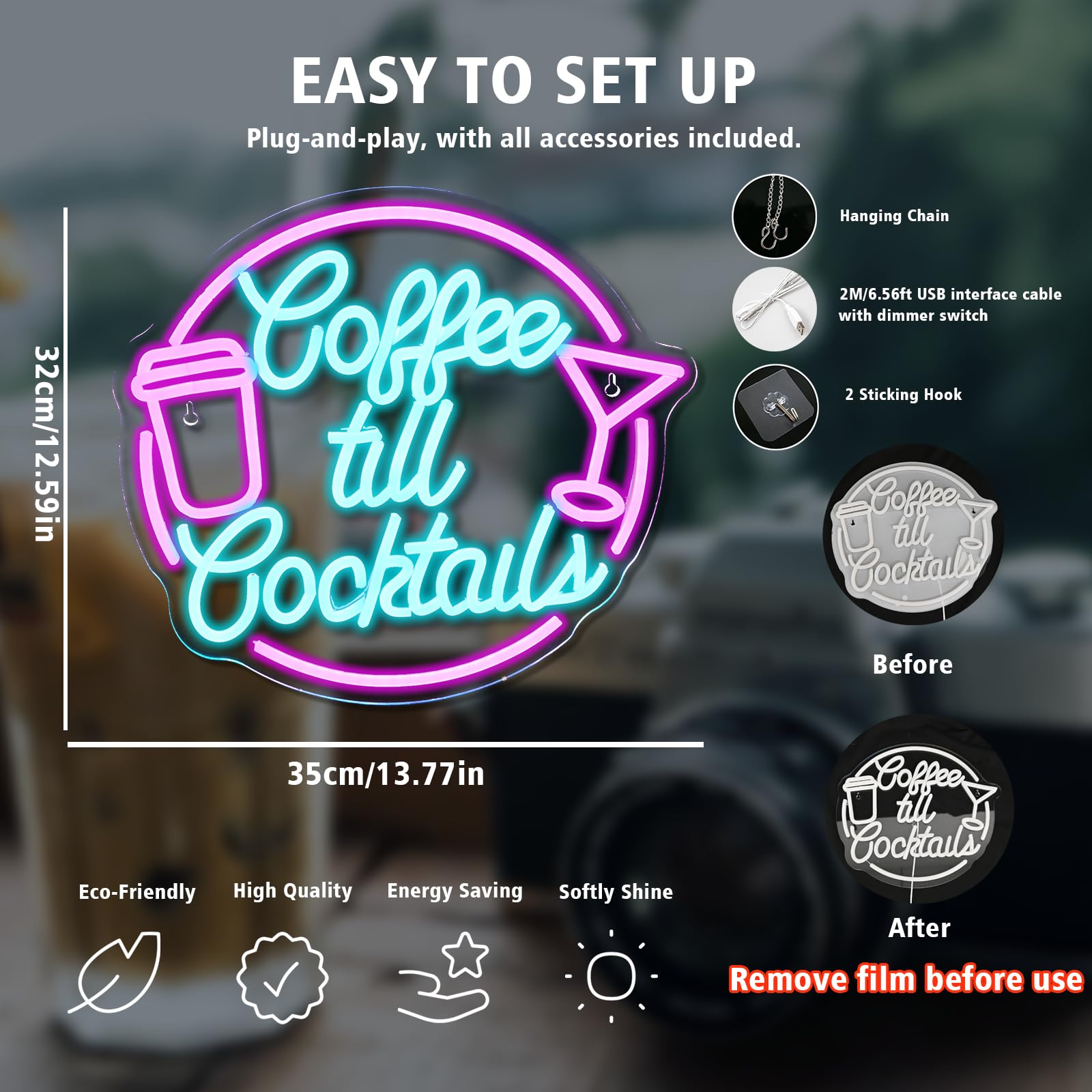 JURONG Coffee Cocktail LED Neon Sign, Dimmable USB Light, 16.5inx9in, Pink Blue Acrylic Decor for Home, Party, Office