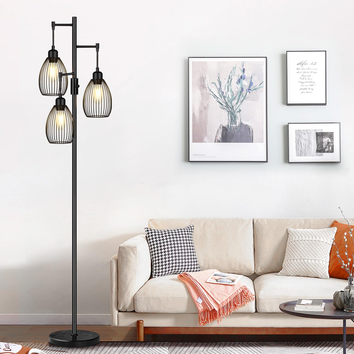 Torondo 70" Dimmable Floor Lamp, Industrial Black with Marble Base, 3 LED Edison Bulbs Included, Model FL1910