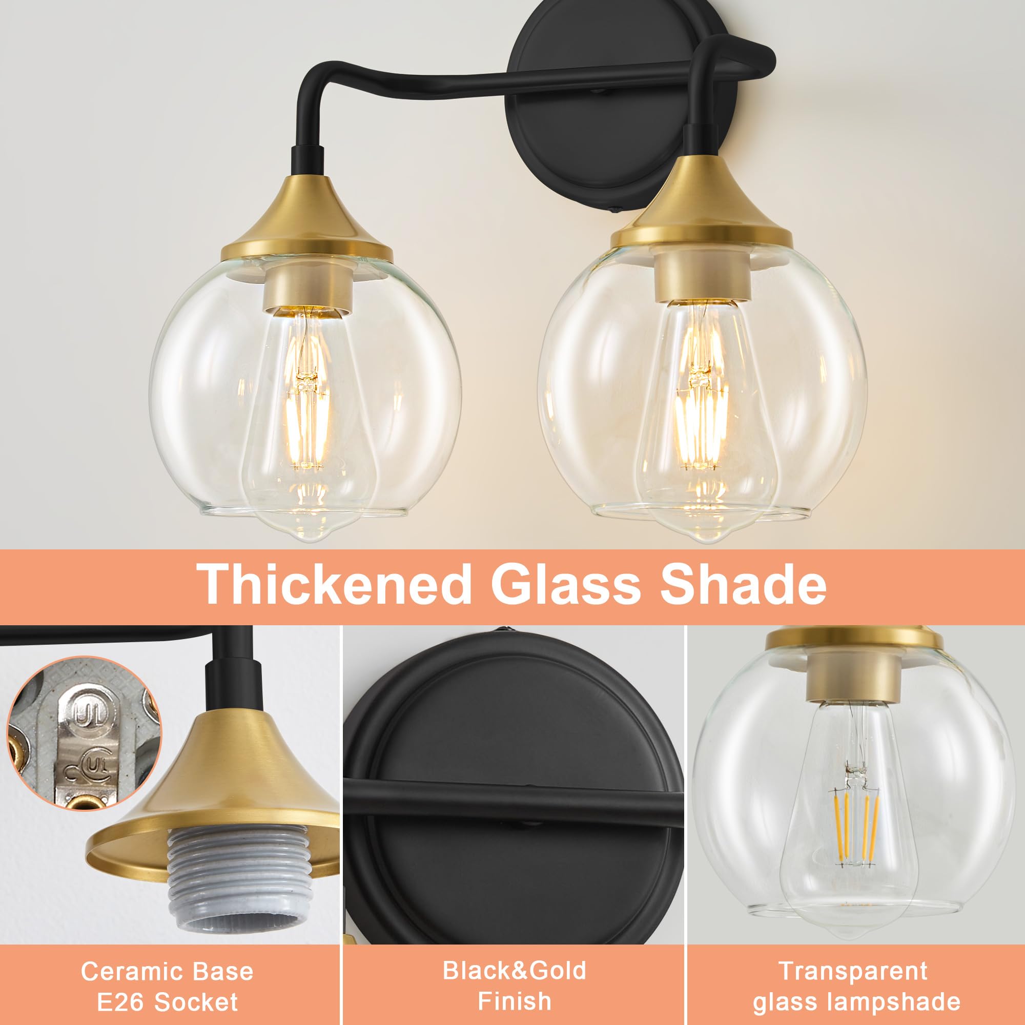 Gednbo 2-Light Bathroom Vanity Light, Black and Gold, Metal, Clear Glass Shade, Model G1796, E26 Base, 14 Inch