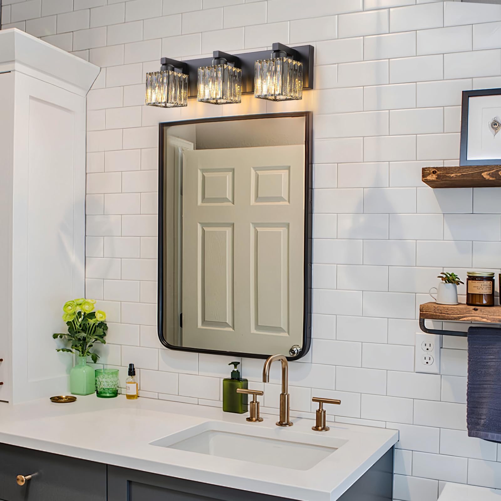 Huoku Modern Crystal Bathroom Vanity Light Black 3-Lights Bathroom Lighting Fixtures Over Mirror, Wall Light Bathroom Light Fixt