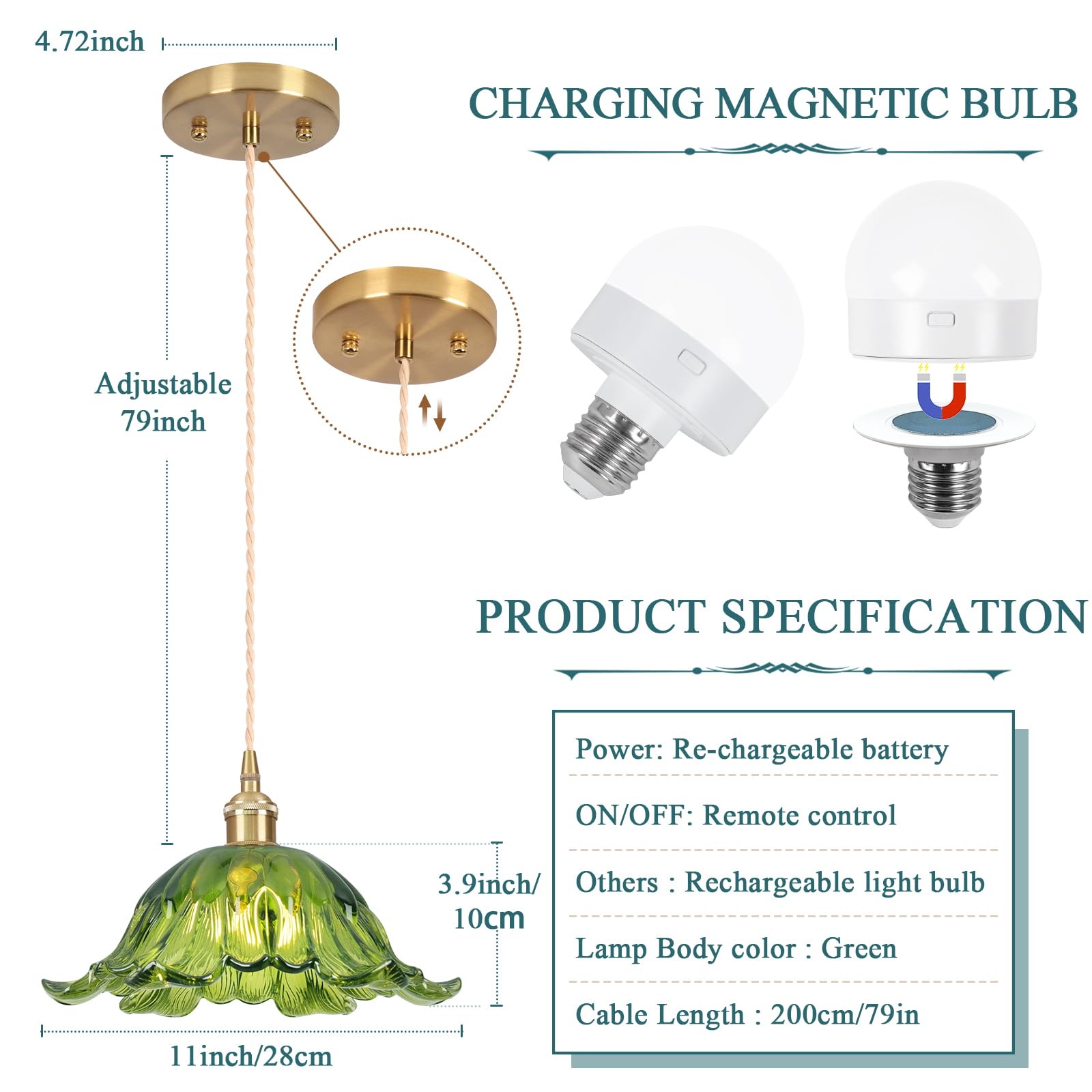Loiogohot Battery Operated Pendant Light, Green Chandelier, 8.7in, Glass, Remote Control, Model PL-BN1176D-CD-GM