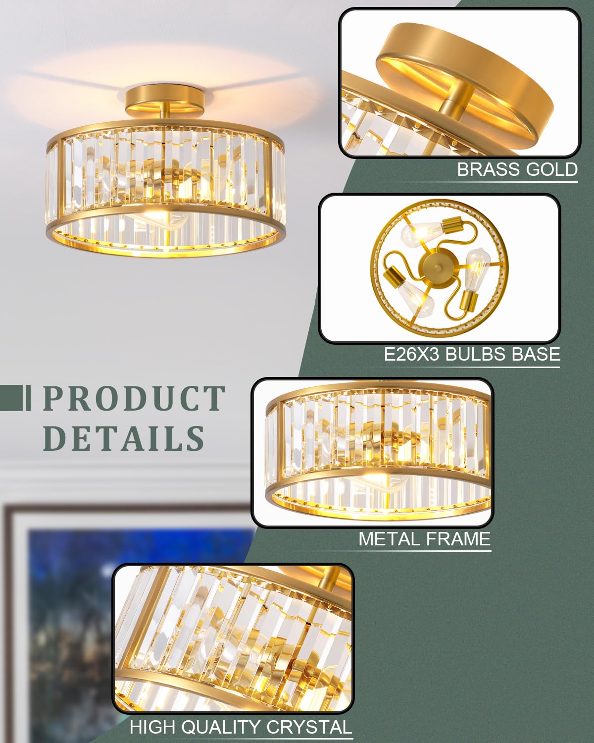 Lhlyclx 3-Light Caged Crystal Chandelier, Brass Gold Drum Ceiling Light, 14 Inch