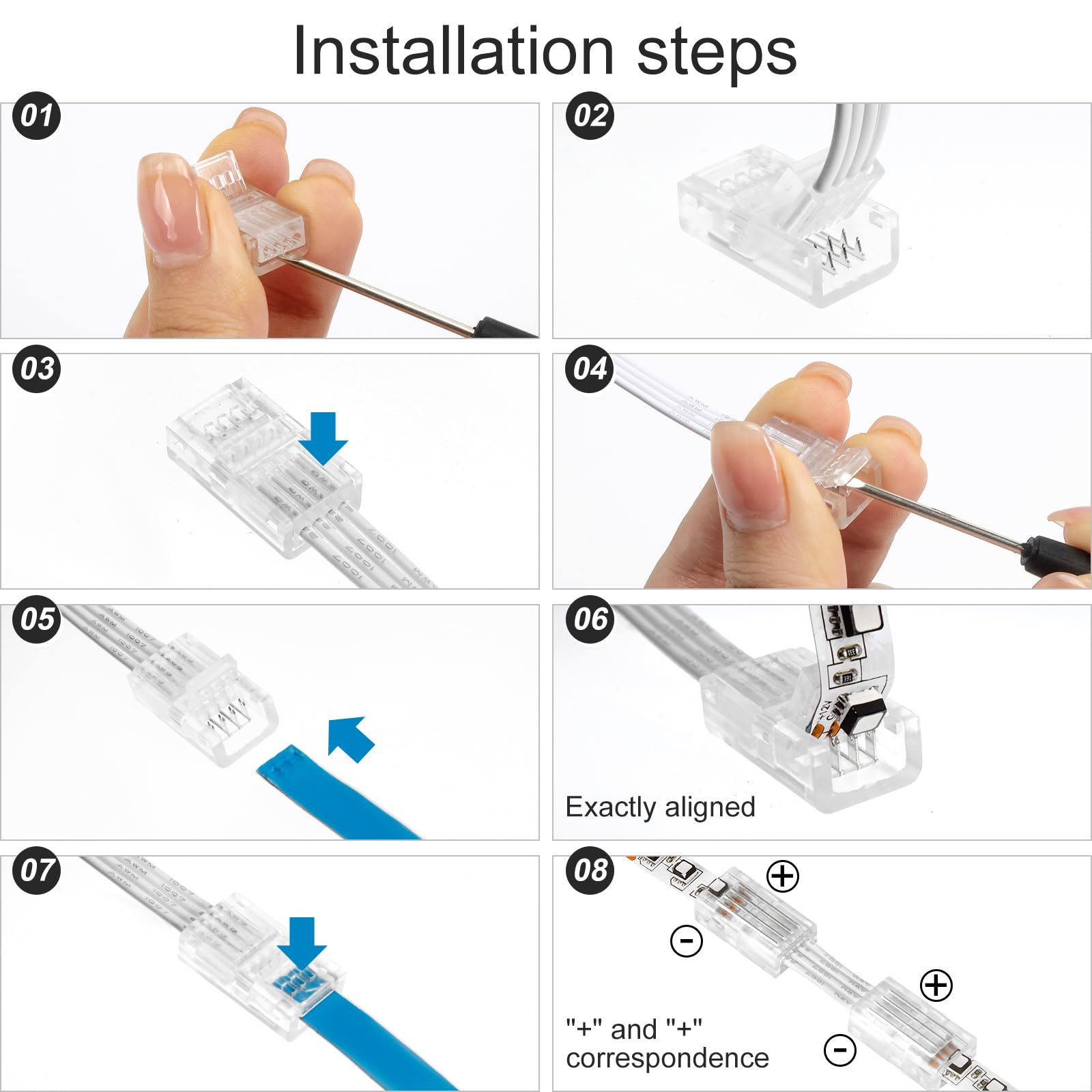 Rgbzone 10Pcs Led Strip Connector 4 Pin 8Mm,Wide Strip To Wire Quick Connectors For Waterproof Or Non-Waterproof 8Mm Wide Rgb Smd 5050/3528 Led Light Strip