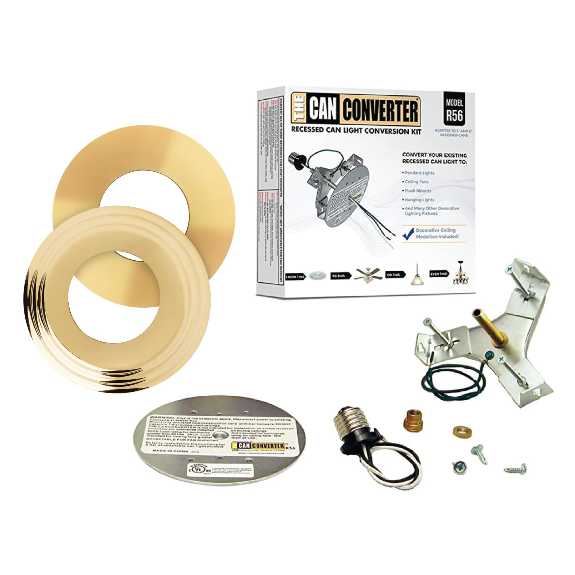 The Can Converter -R56, Complete Recessed Can Light Conversion Kit, For Ceiling Light Fixture, Pendant Light, Hanging Light, Ceiling Fan, W/ 7¾ Beveled & Flat, Steel, Ceiling Medallion, Polished Brass