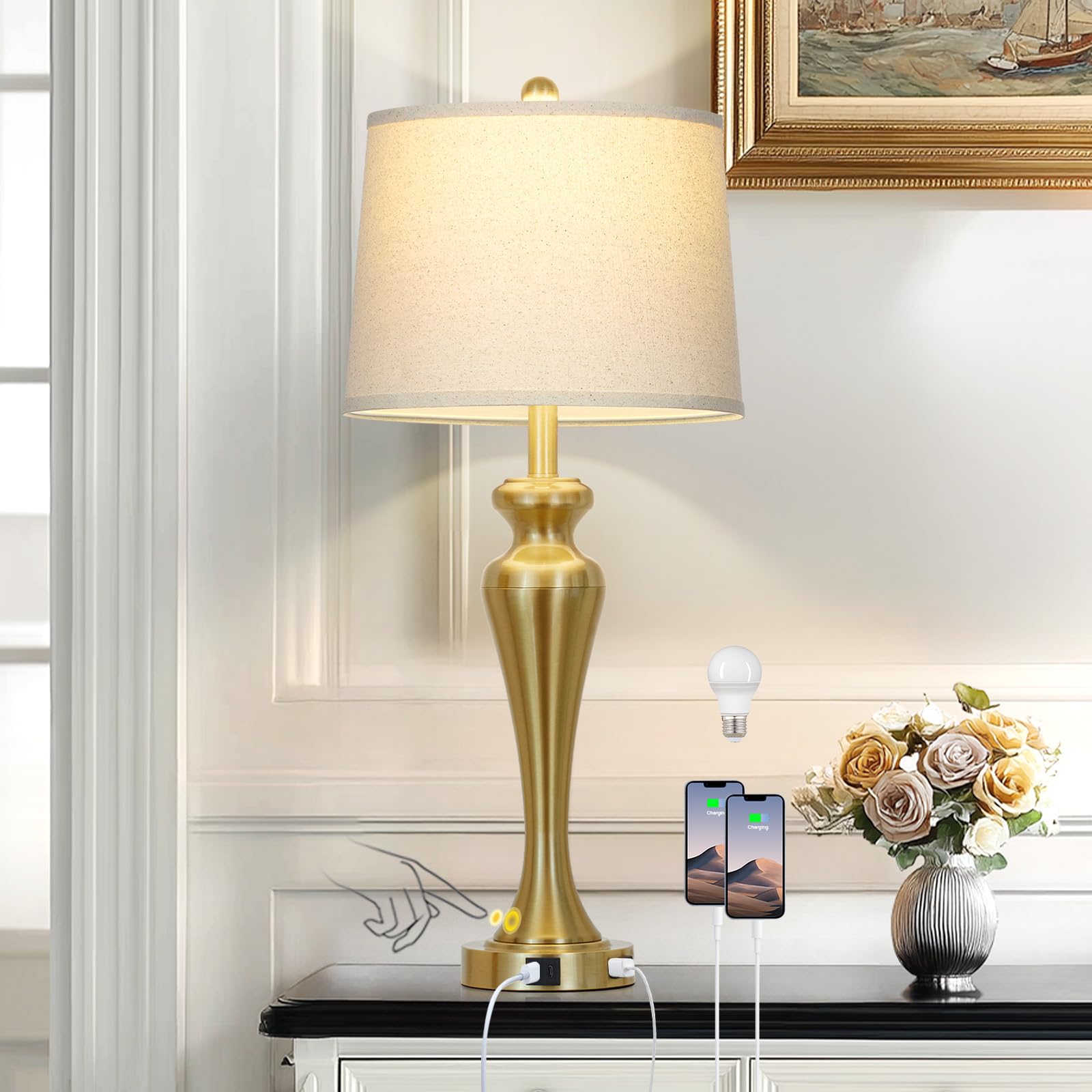 Ruzectt 30 Table Lamp Single  3-Way Dimmable Touch Bedside Lamp with USB A+C Ports and AC Outlet  Tall Living Room Lamps for Side Table  Modern Bedroom Lamp for Nightstand  Gold-1PK