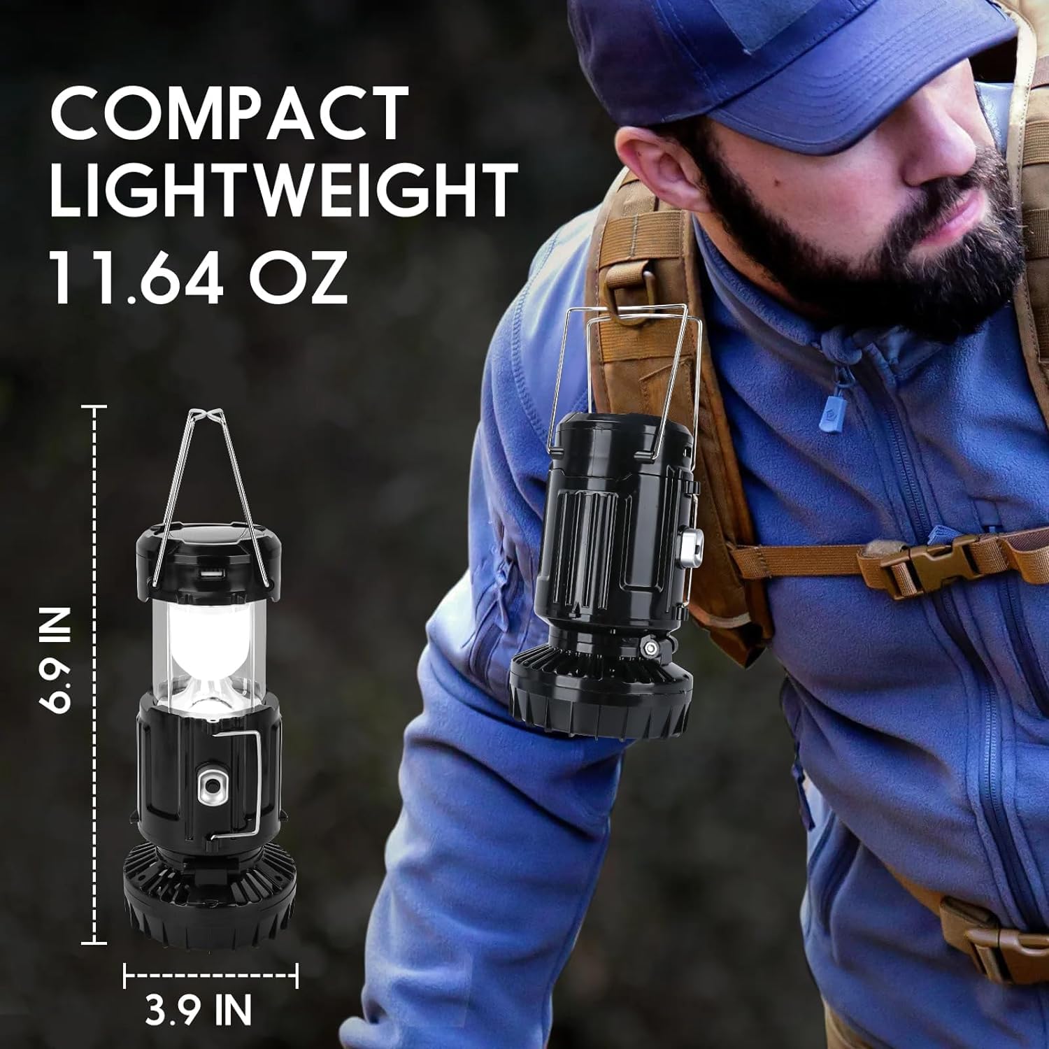 BUGPASS Solar Portable Lantern with Fan - Collapsible LED Camping Light, Rechargeable, Black