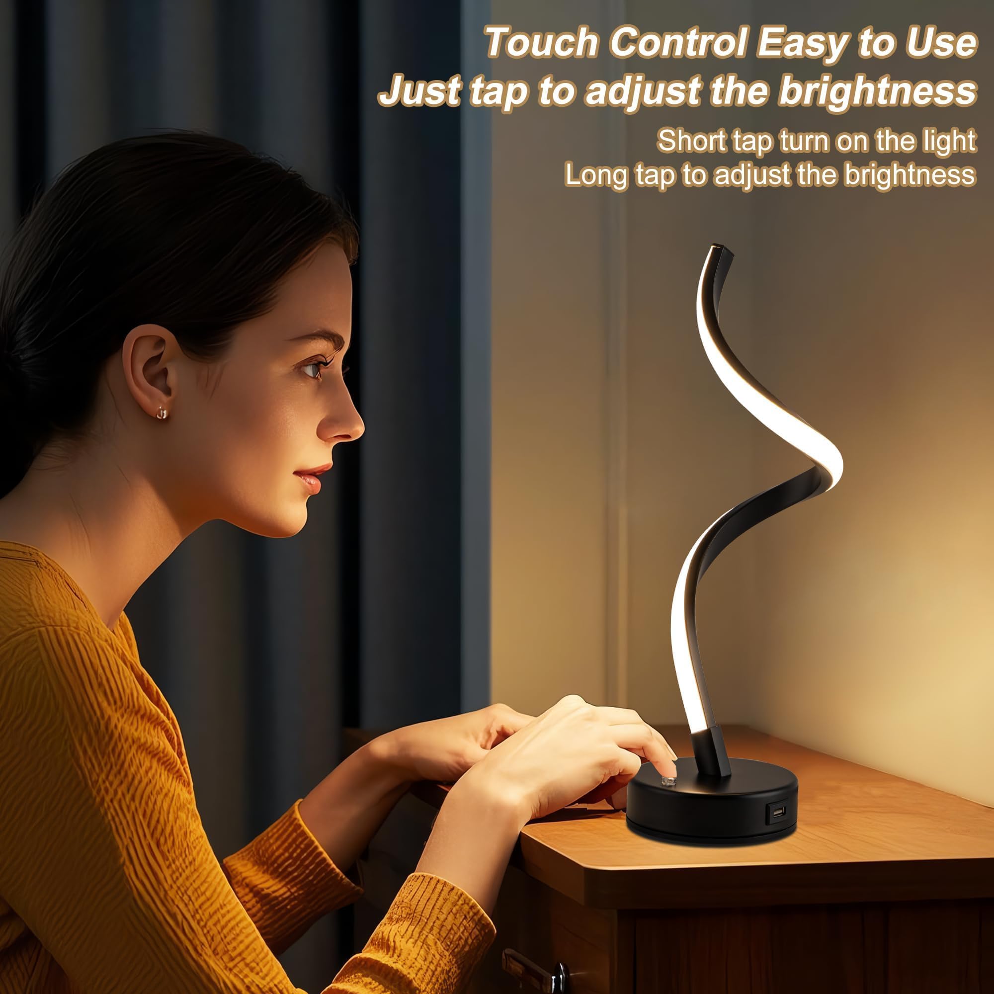 Adebime Spiral Led Touch Lamp - Adjustable Brightness Table Light For Bedroom, Living Room & Office, 3000K Warm White, Black