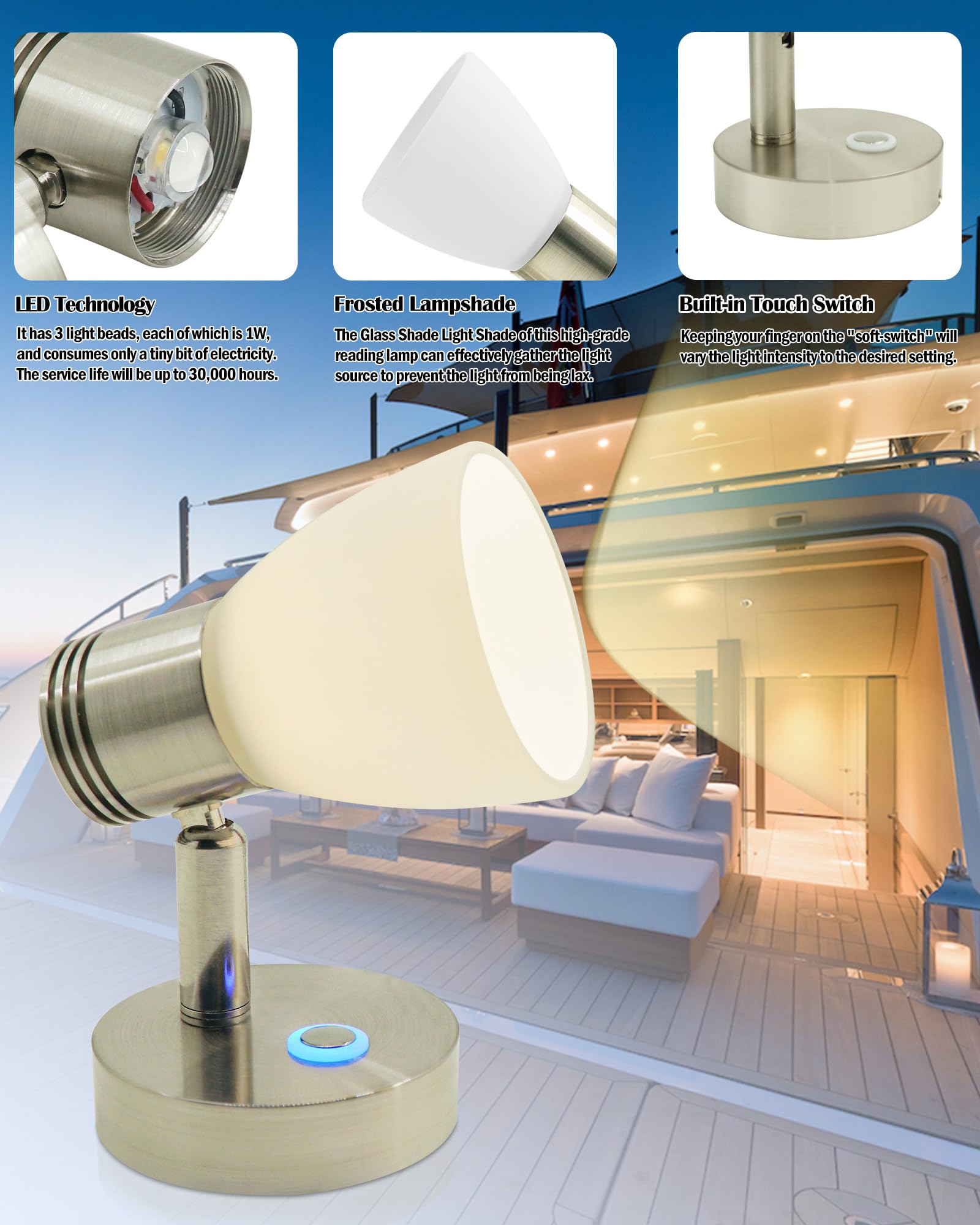 THALASSA LED 12V Reading Lamp - Dimmable Wall Sconce, Warm White, Brushed Aluminum, Model L0262BM for Boats, Caravans, and Campers