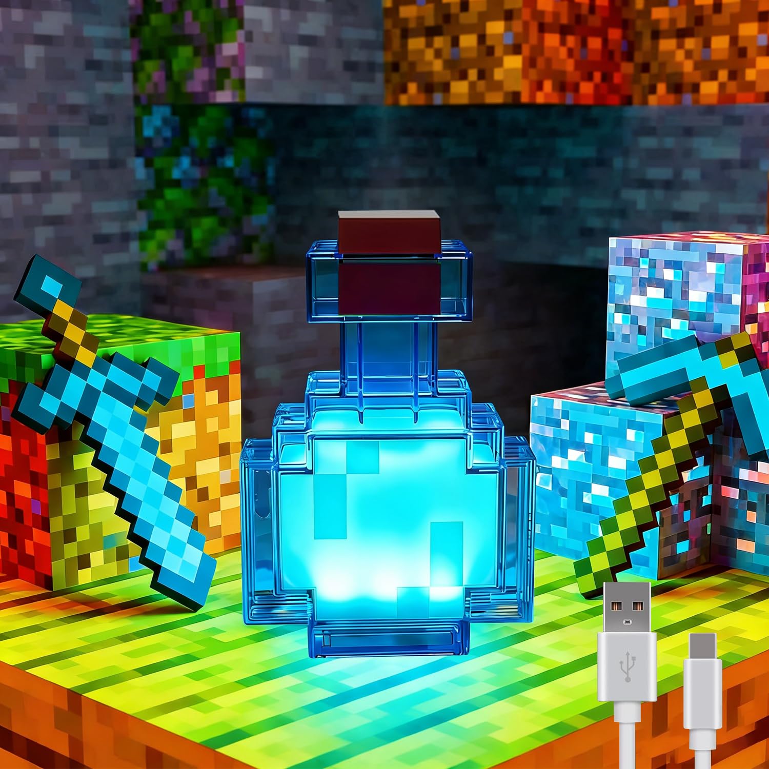 JBEIY Pixel Style Potion Bottle Lamp 15 Color, Interactive RGB Night Light with Shake Activated Color Changing, USB Rechargeable