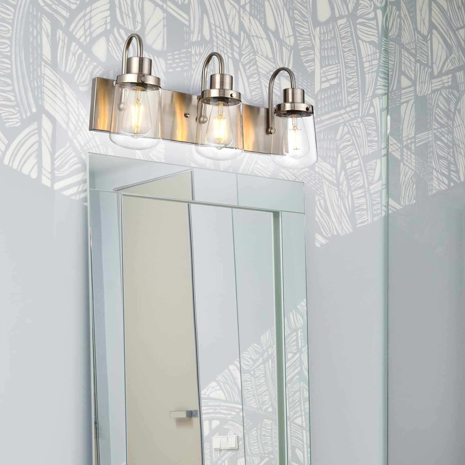 Yaohong 3-Light Satin Nickel Bathroom Vanity Wall Light Fixture With Clear Glass Shades