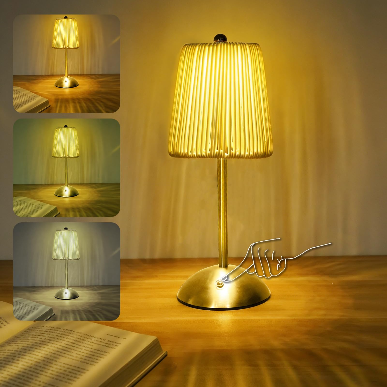 Boho Rattan Table Lamp  Cordless Wicker Woven Vintage Table Lamp - LED Rechargeable Touch Control 3 Color Dimmable Reading Bedside Lamp for Bedroom Living Room Office  Home Outdoor Decor (White-1)