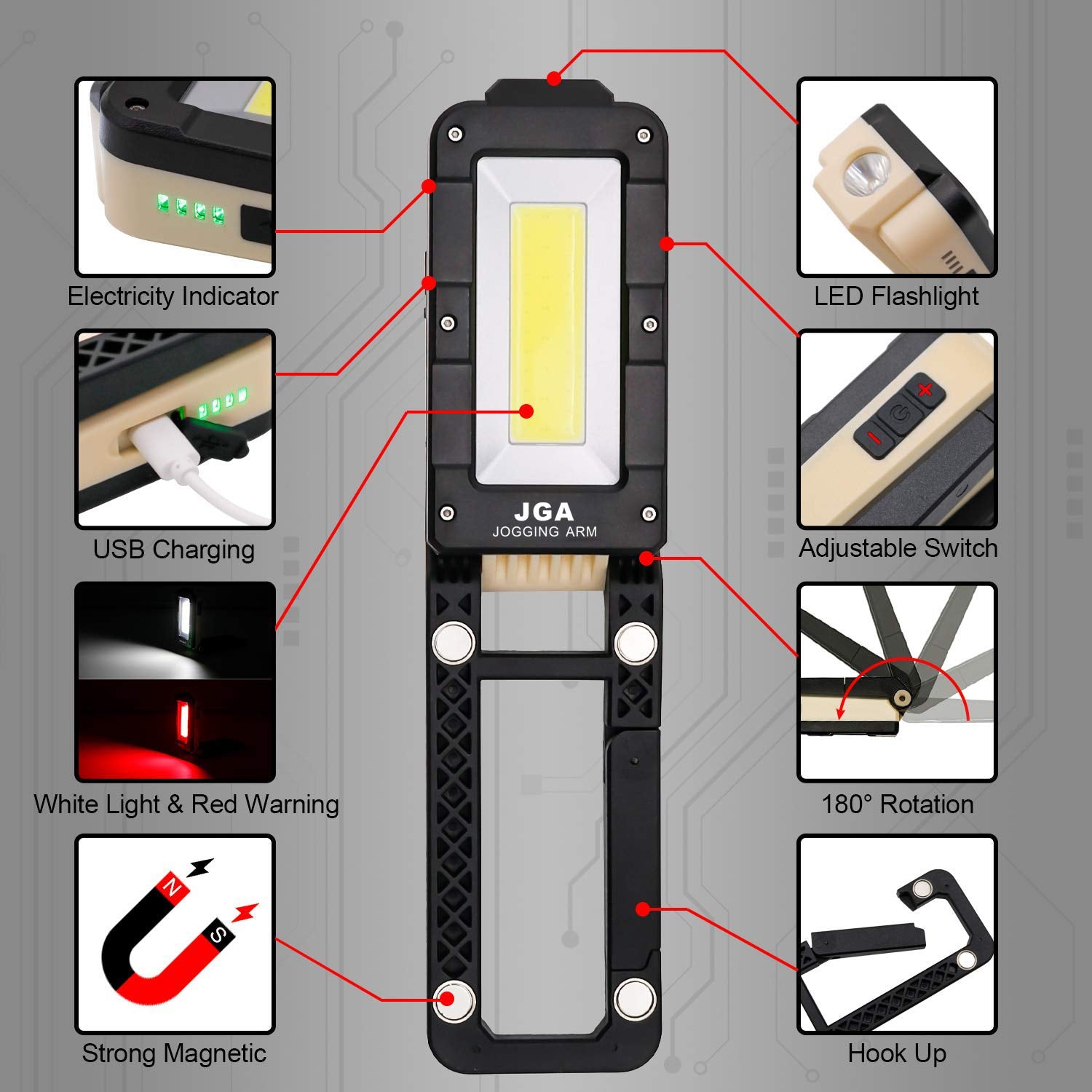 JGA JOGGING ARM Magnetic LED Portable Working Light Rechargeable LED Work Flashlight Super Brightness 180 Rotatable Folding Snap