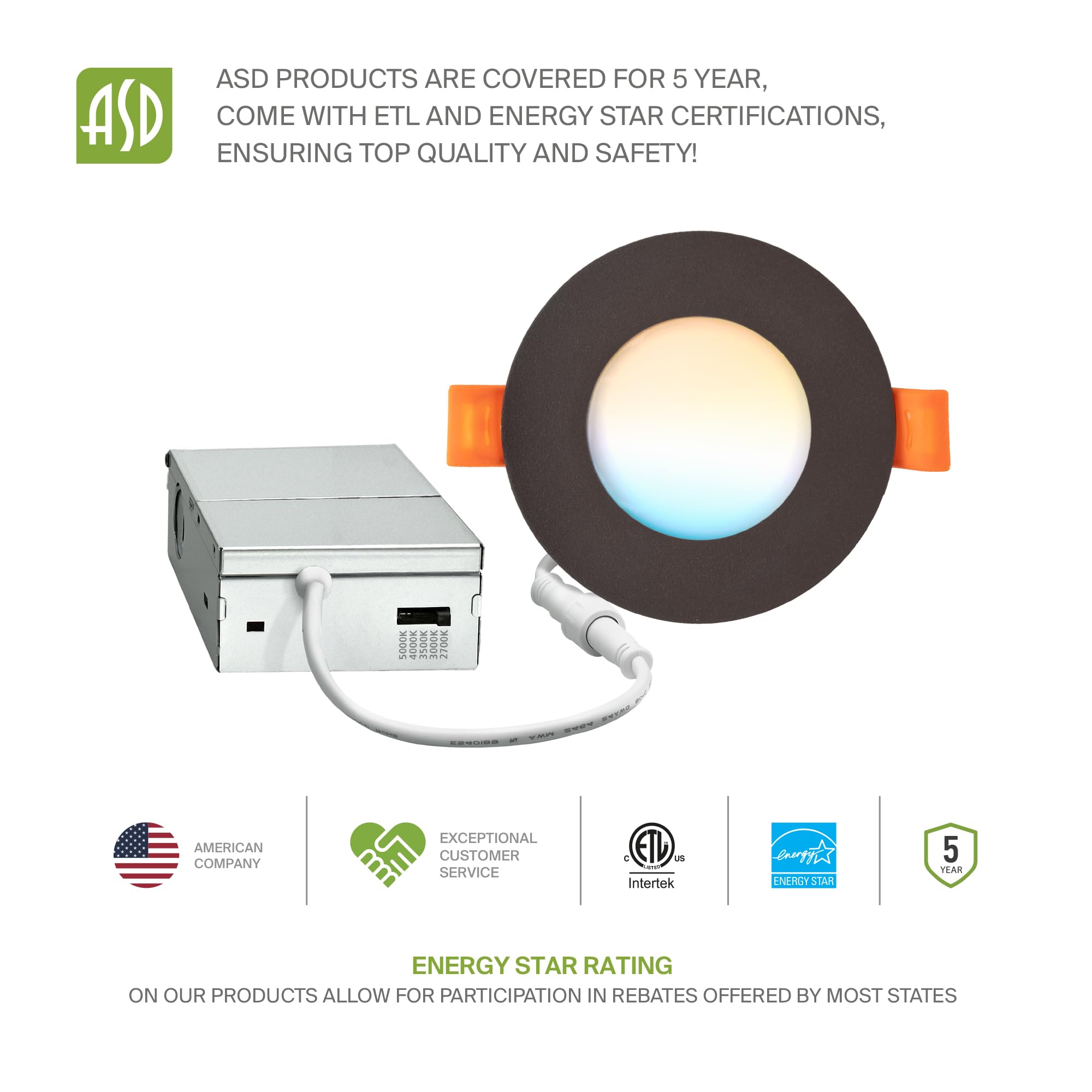 Asd 6 Pack 3 Inch Led Recessed Light 6W  5 Cct 2700K-5000K Cri90+  Ic Rated Ultra Thin Dimmable Ceiling Lights With J Box  Canless Wafer Downlight  Round Slim Panel Lighting  Energy Star Etl  Bronze