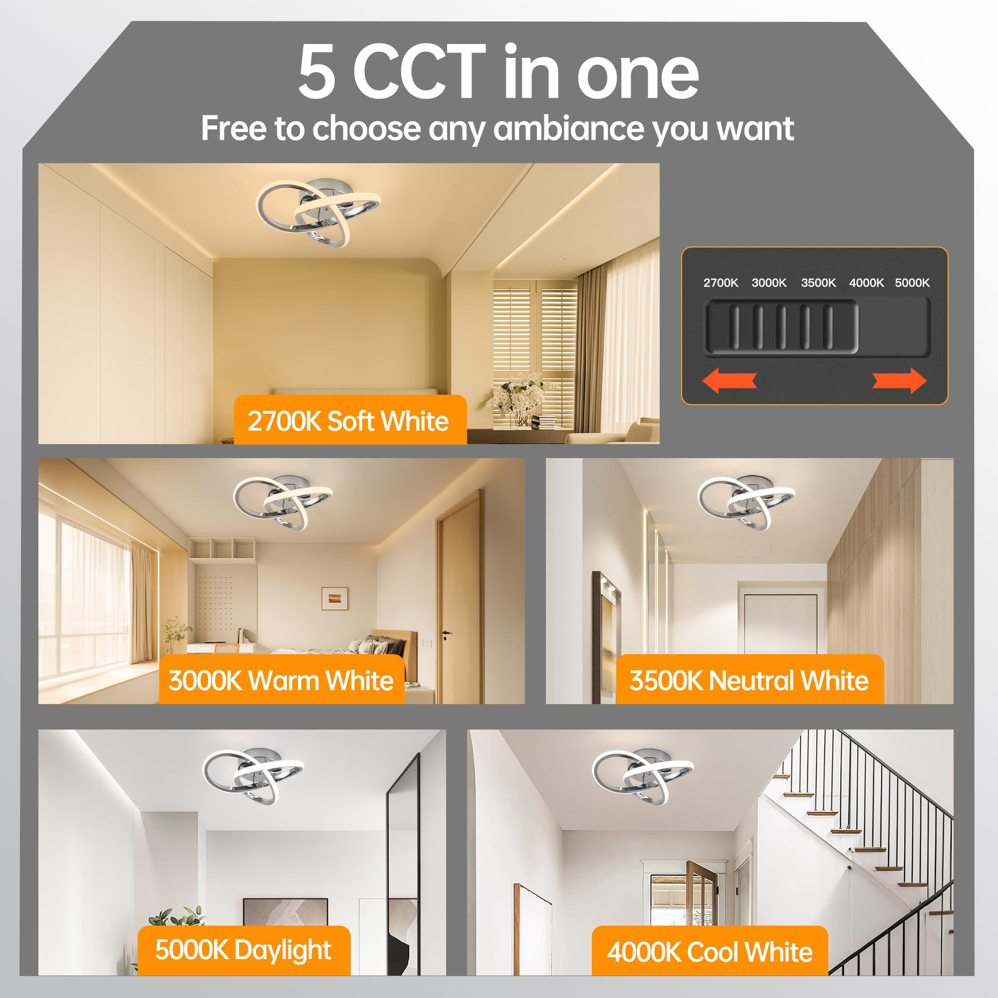 Ajbvp Modern Ceiling Light Fixture, LED Dimmable, Chrome, 20 Watt, 5CCT (2700K-5000K) for Bedrooms, Hallways, Bathrooms