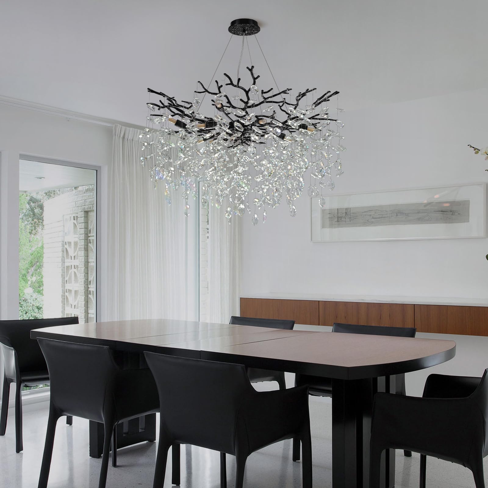 kvtinmty Modern Black Crystal Tree Branch Chandelier, 10-Light 30" Round, Ideal for High Ceilings, Dining Room, Living Room, Kitchen