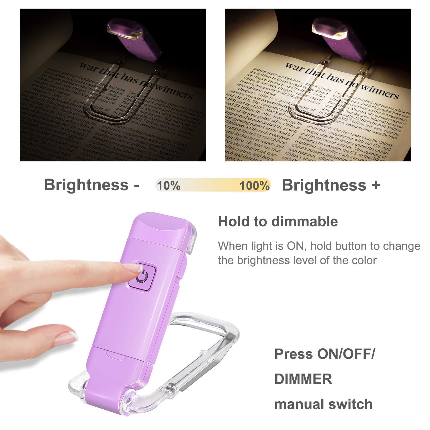 HONWELL Rechargeable Clip On LED Book Light, 3 Brightness Levels, Portable Reading Lamp, Violet, Model H008YW-V