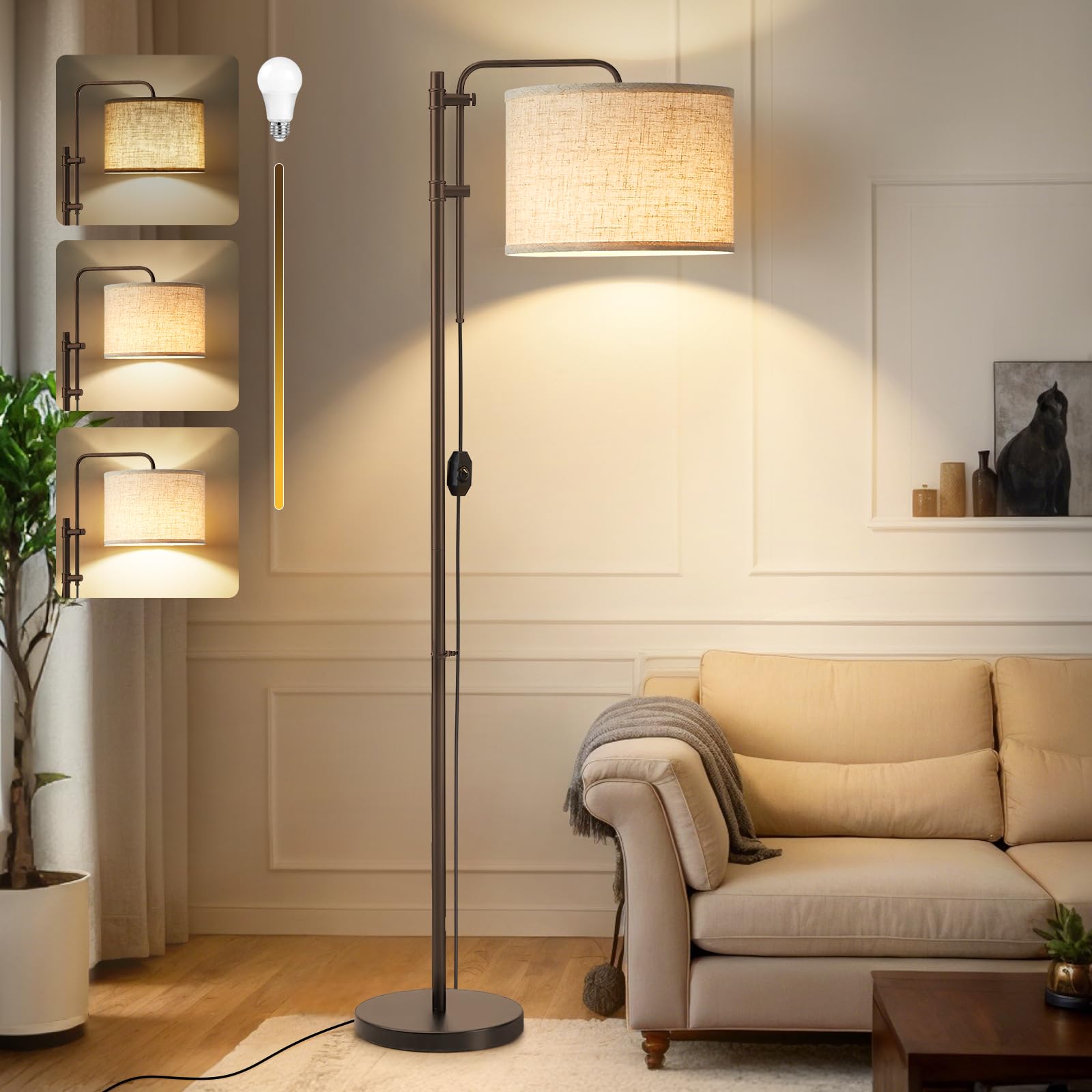 Floor Lamp for Living Room, Adjustable Height Standing Lamps with 350 Rotate Linen Lampshade, 67.5-Inch Brown Modern Tall Lamp D