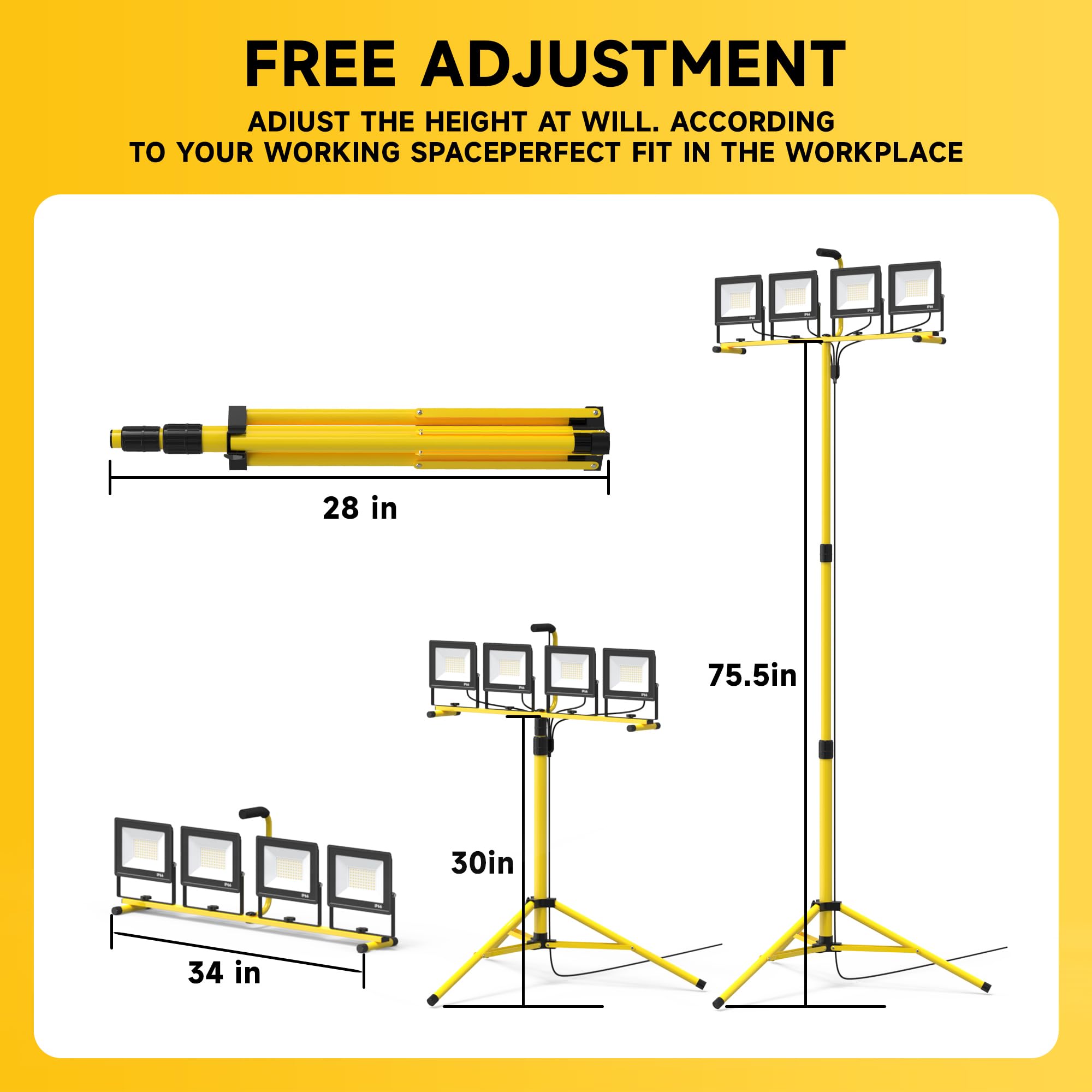 Toprated Plug In Led Work Light With Stand,28000 Lumen 110V 4 Adjustable Head Outdoor Flood Lights,Foldable Mechanic Light With