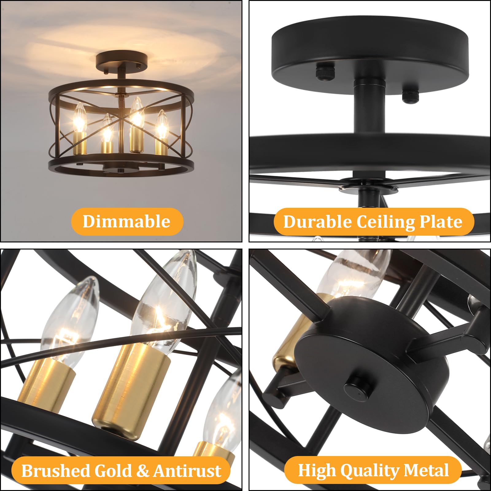 Toulmj 4-Light Modern Ceiling Light, Black Gold Semi Flush Mount Ceiling Light, Hallway Light Fixtures For Kitchen Island Entryw