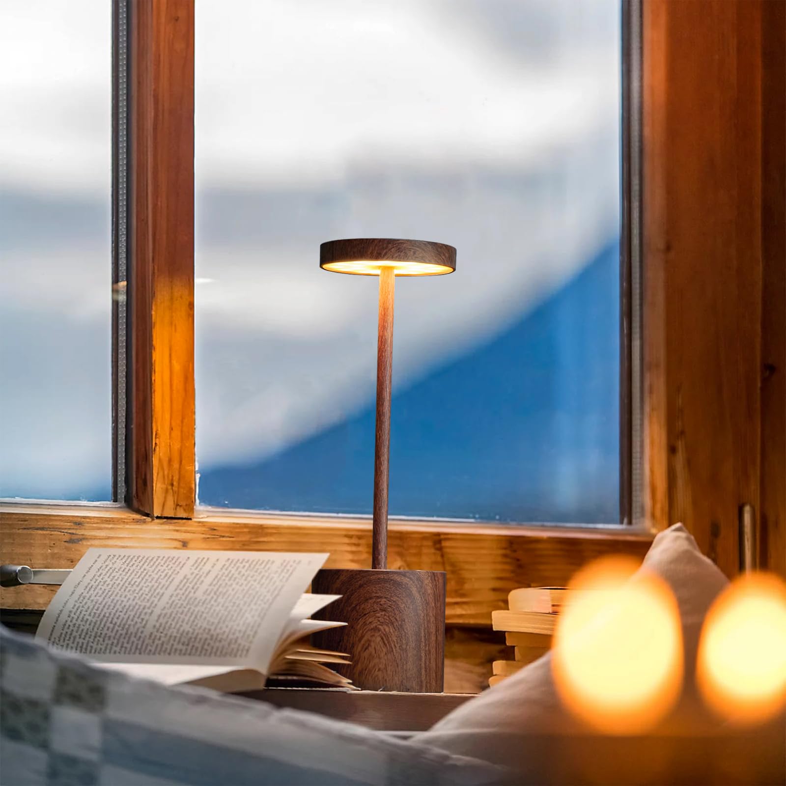 Barryca Cordless Table Lamp - Rechargeable LED Light, IP54, 3 Color Dimmable, 2-Pack Wood, Portable for Home & Outdoor Use