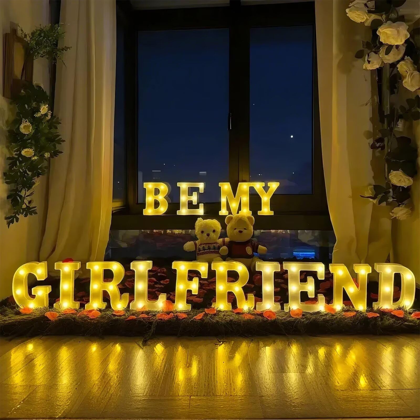 Ifncpf Be My Girlfriend Light Up Letters Proposing Decorations Set Includes 14 Led Light Letters And 1000 Rose Petals ValentineS Day Ornaments