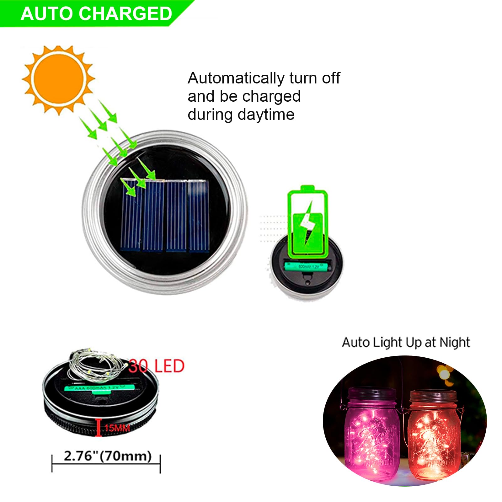 Znycye Mason Jar Solar Lights For Outside, 12 Pack 30Led Fairy Firefly Lights Mason Jar Solar Lids Outdoor Waterproof String Lig