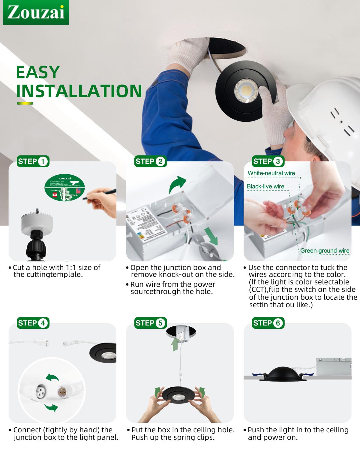 Zouzai 4 Inch 5Cct Gimbal Black Led Recessed Lights  360+90 Adjustable Directional Recessed Lighting  2700K-5000K Dimmable Retrofit Eyeball Can Lights With Jbox  Etl&Energy Star(Black 1 Pack)