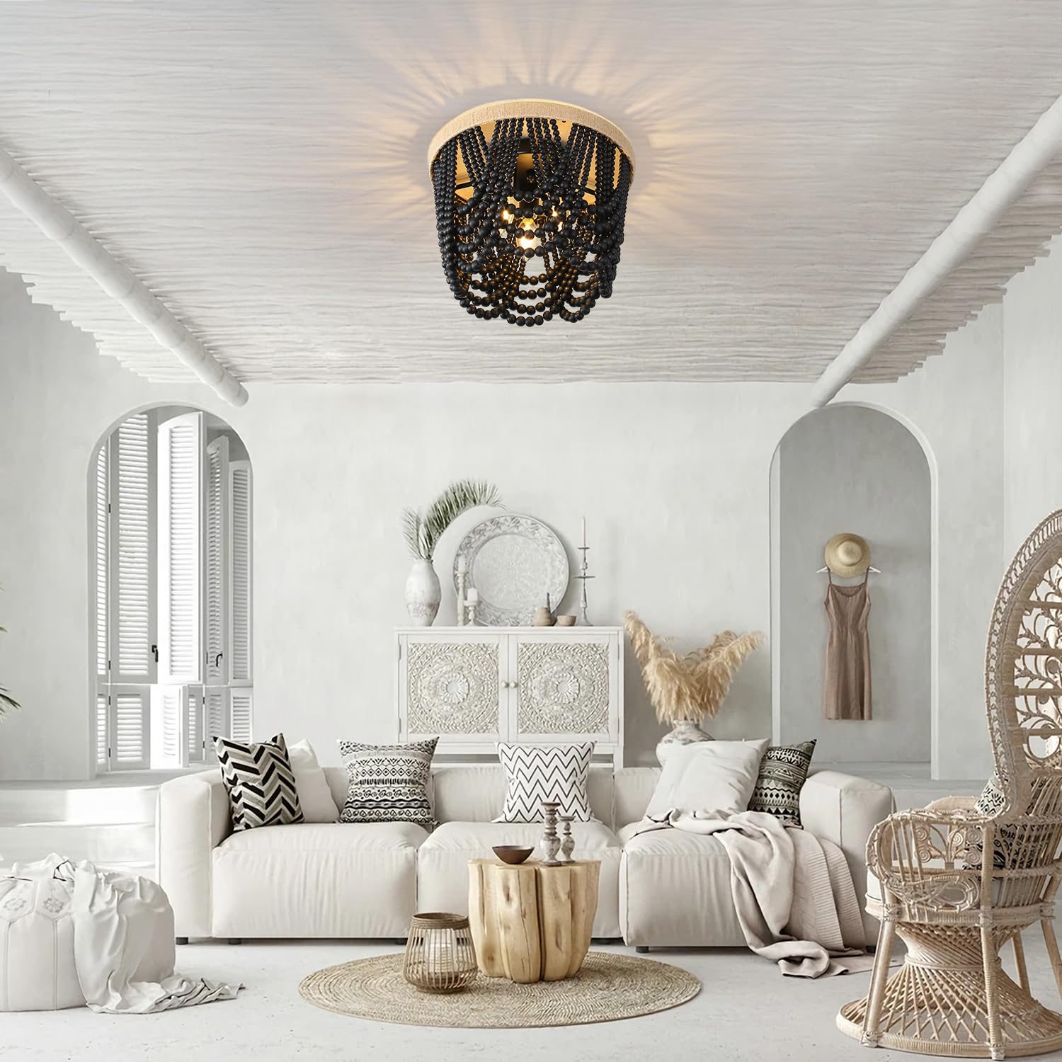 Ryahq Bohemian Lighting Bohemian Chandelier Handmade Beaded Chandelier Vintage Hemp Rope Woven Ceiling Lighting 3 Lights Wood Be