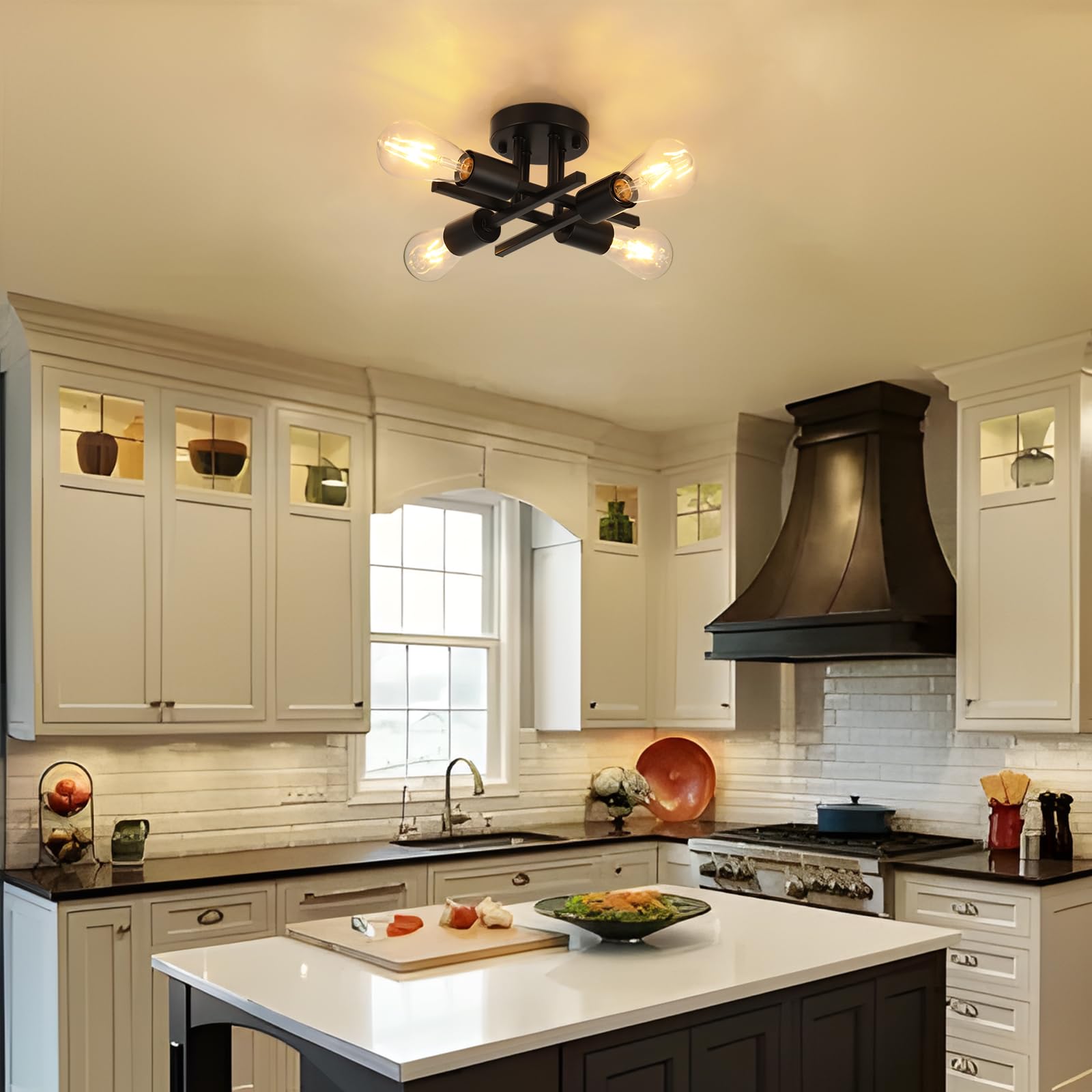 Wilon Semi Flush Mount Ceiling Light Fixture, 4-Light Industrial Black Ceiling Light, Modern Sputnik Chandelier Small Ceiling La