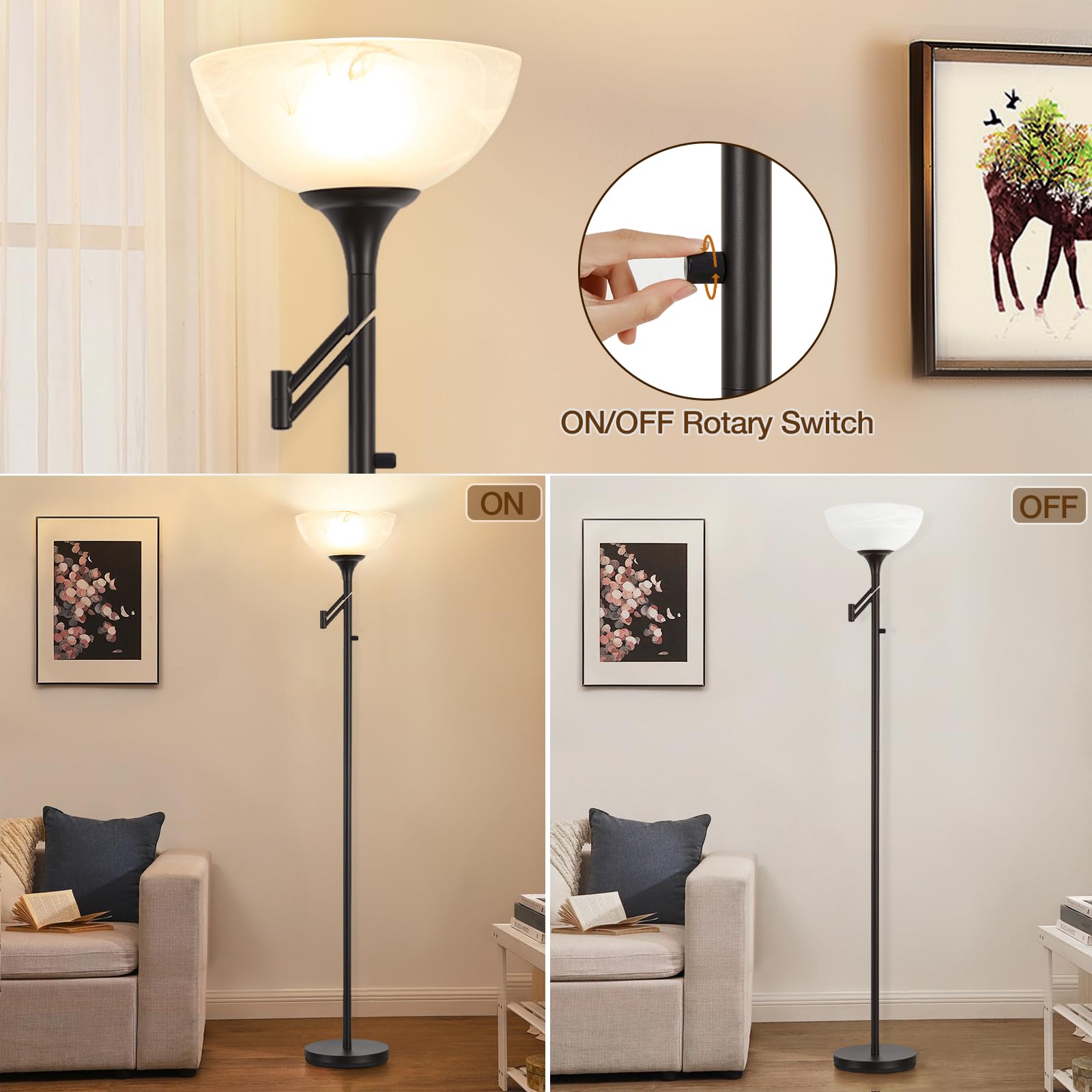 EJIAXIN 70" Black Torchiere Floor Lamp with Glass Shade & Adjustable Swing Arm, Model 8002 - Ideal for Living Room & Office