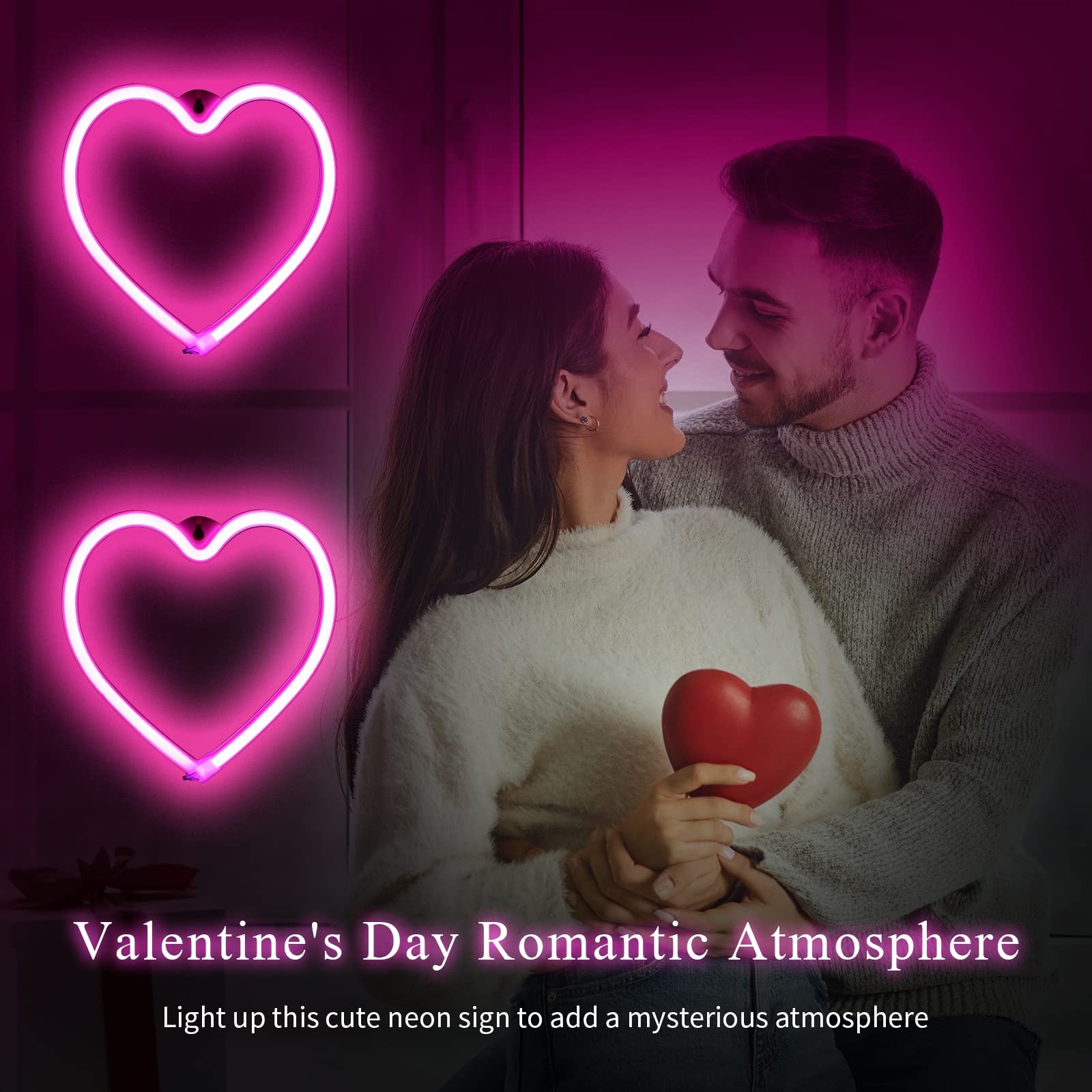 Tarpop LED Neon Heart Lights - 2 Pcs Pink Heart Decor, Battery Operated/USB Powered, Acrylic, Valentines Day Decoration