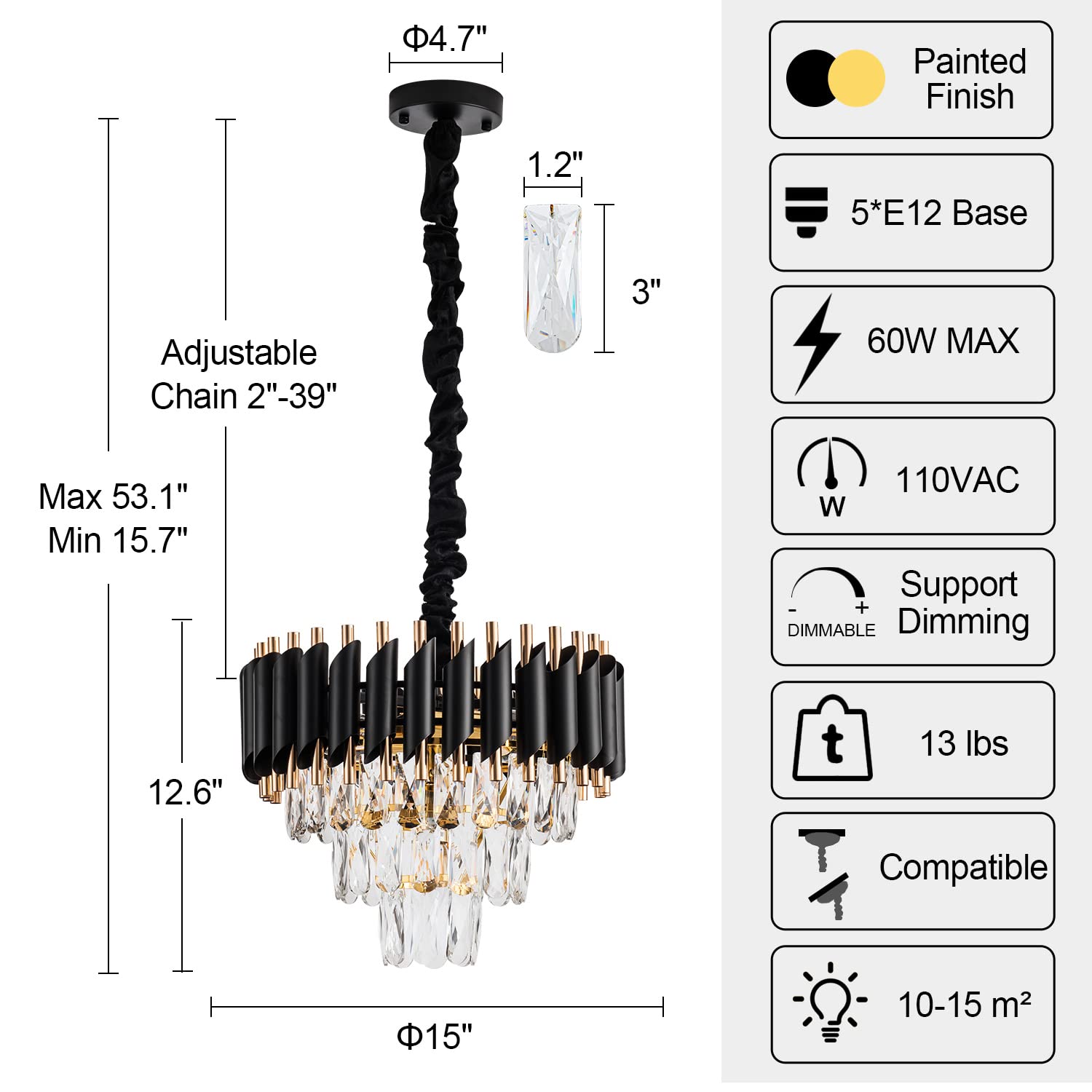 lighceac 15" 5-Light Modern Crystal Chandelier - Black Gold 3-Tier Luxury Pendant Lighting for Dining Room, Living Room, Kitchen