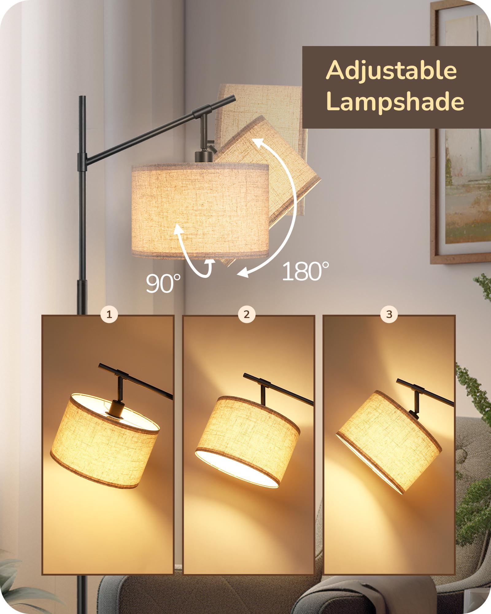 EDISHINE Modern Dimmable Floor Lamp, 63.8in Black Metal Standing Lamp with Remote Control, E26 Socket, Beige Shade