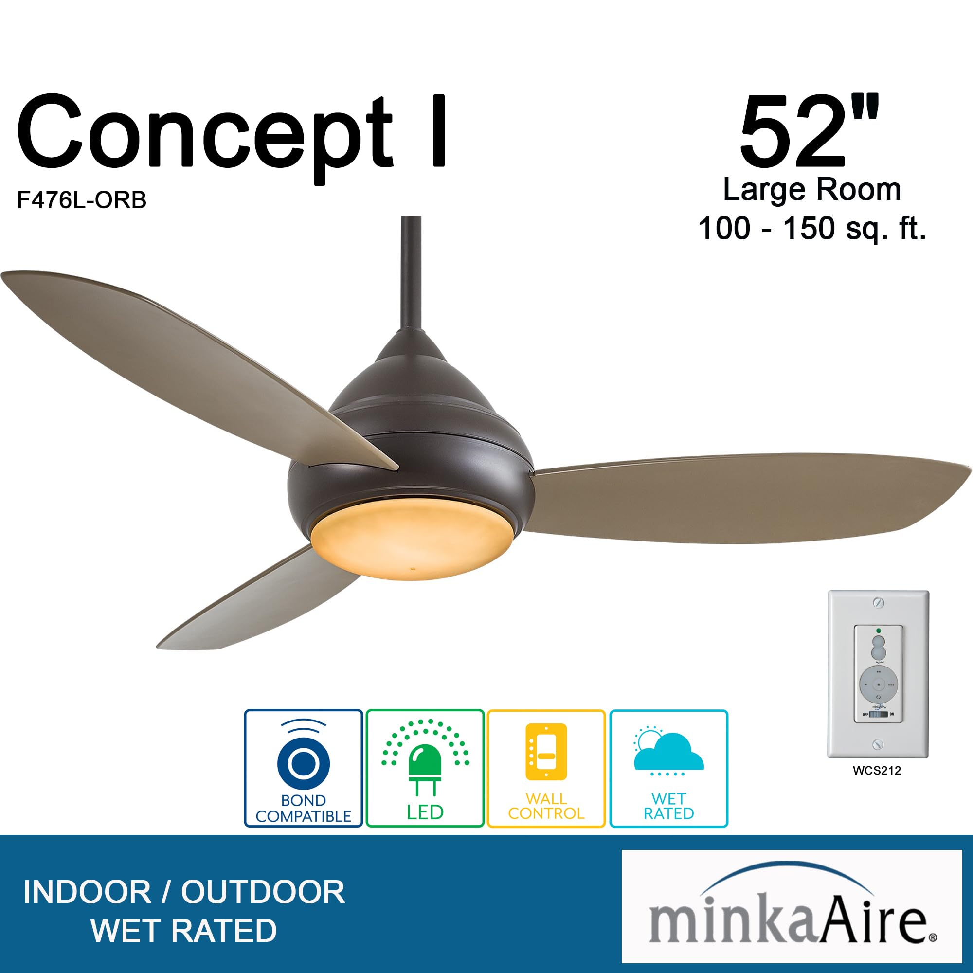 Minka-Aire F476L-ORB, Concept I Wet LED Oil-Bronze 52 Outdoor Ceiling Fan with Light & Control