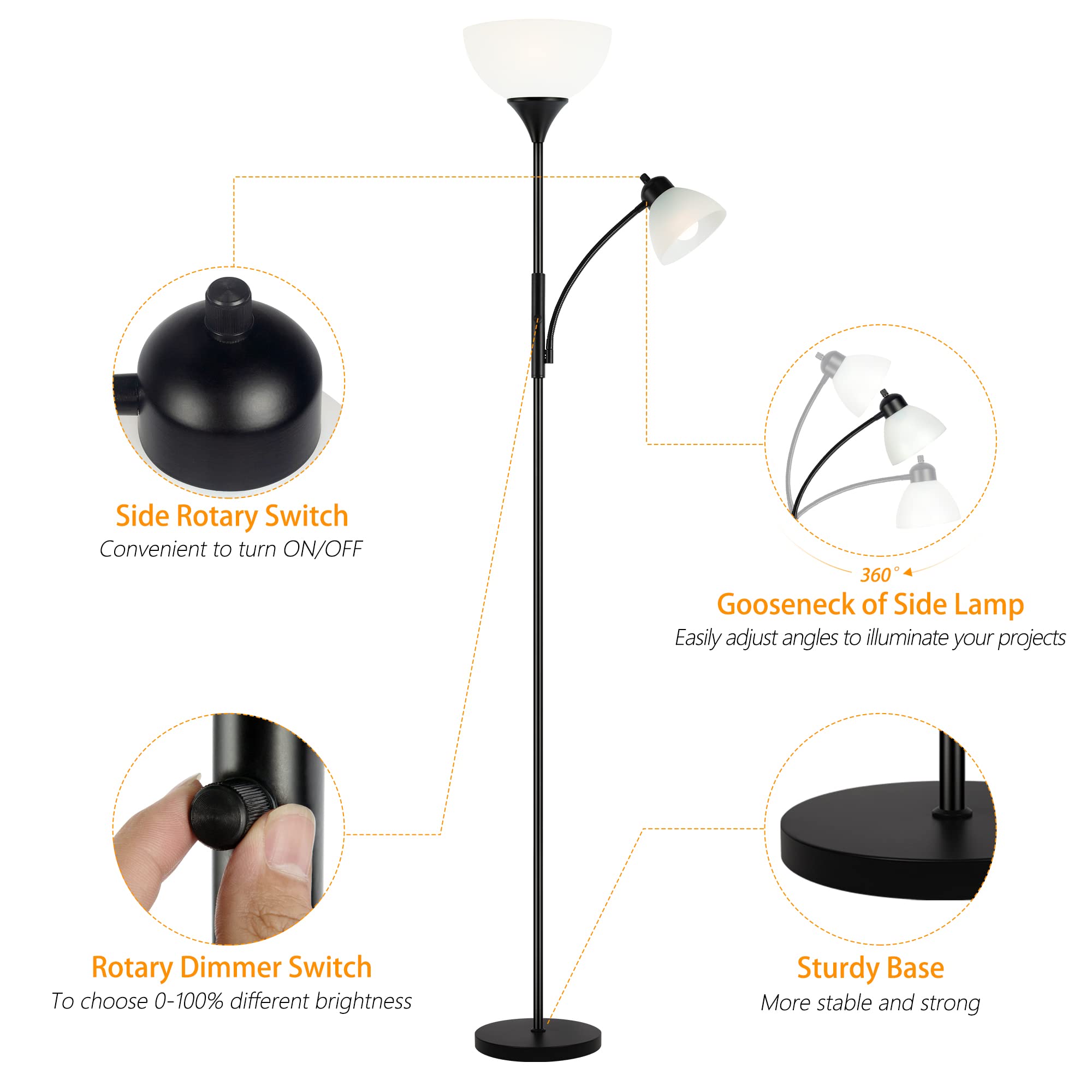Floor Lamp, Dimmable Standing Lamp, Stepless Dimming Brightness, Included 9W And 5W Led Bulbs, Industrial Floor Lamp For Living Room, Bedroom, Office, Reading