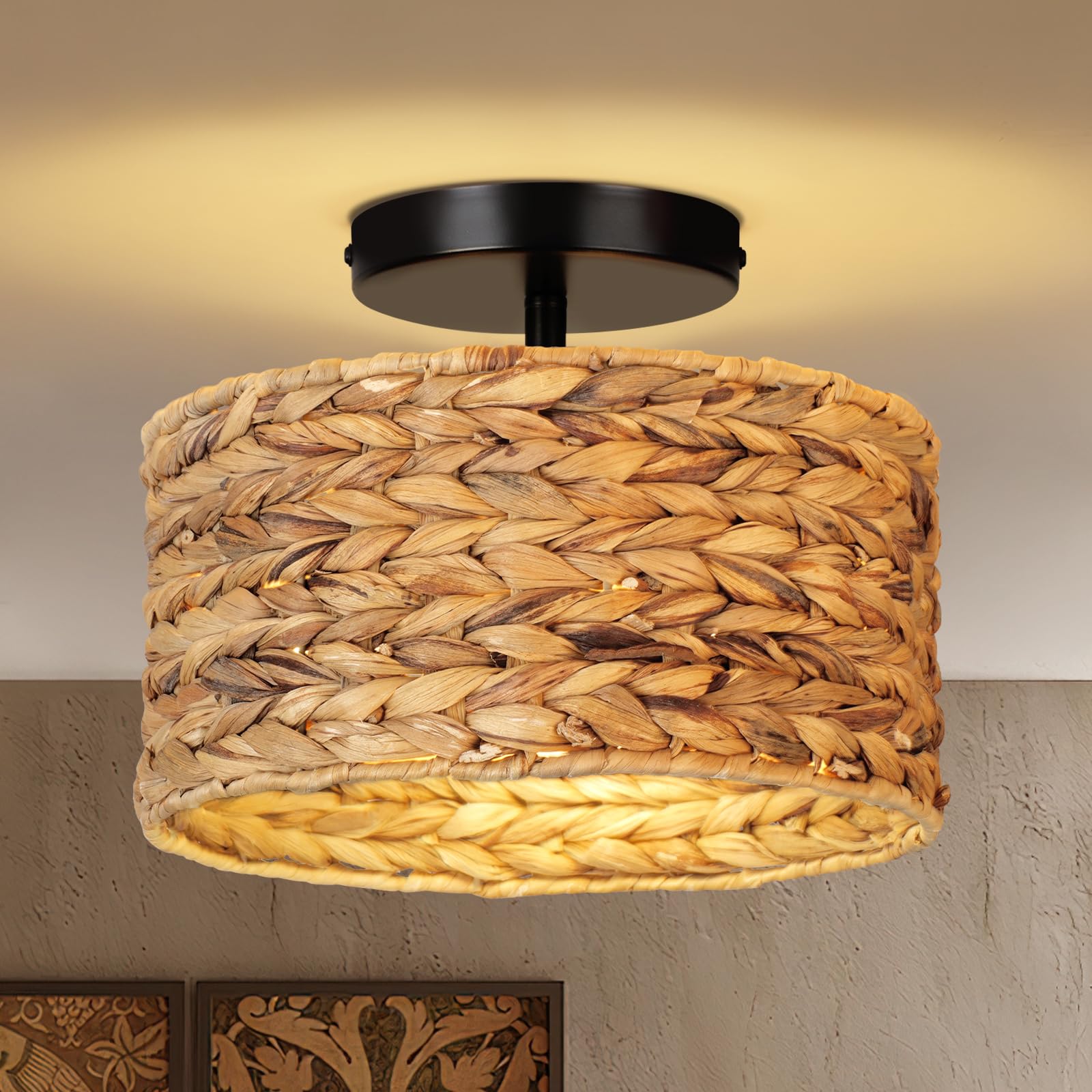 JIWUZHI Boho Light Fixtures 11.8 Rattan Semi Flush Mount Ceiling Lights Fixture Farmhouse Drum Ceiling Light for Hallway Bedroom Kitchen Nursery Entryway
