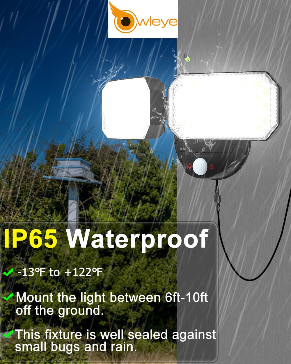 Owleye 2500Lm Led Solar Flood Lights Outdoor With Motion, Ip65 Waterproof Security Light With 2 Adjustable Head, 3600Mah 3.2V Ba