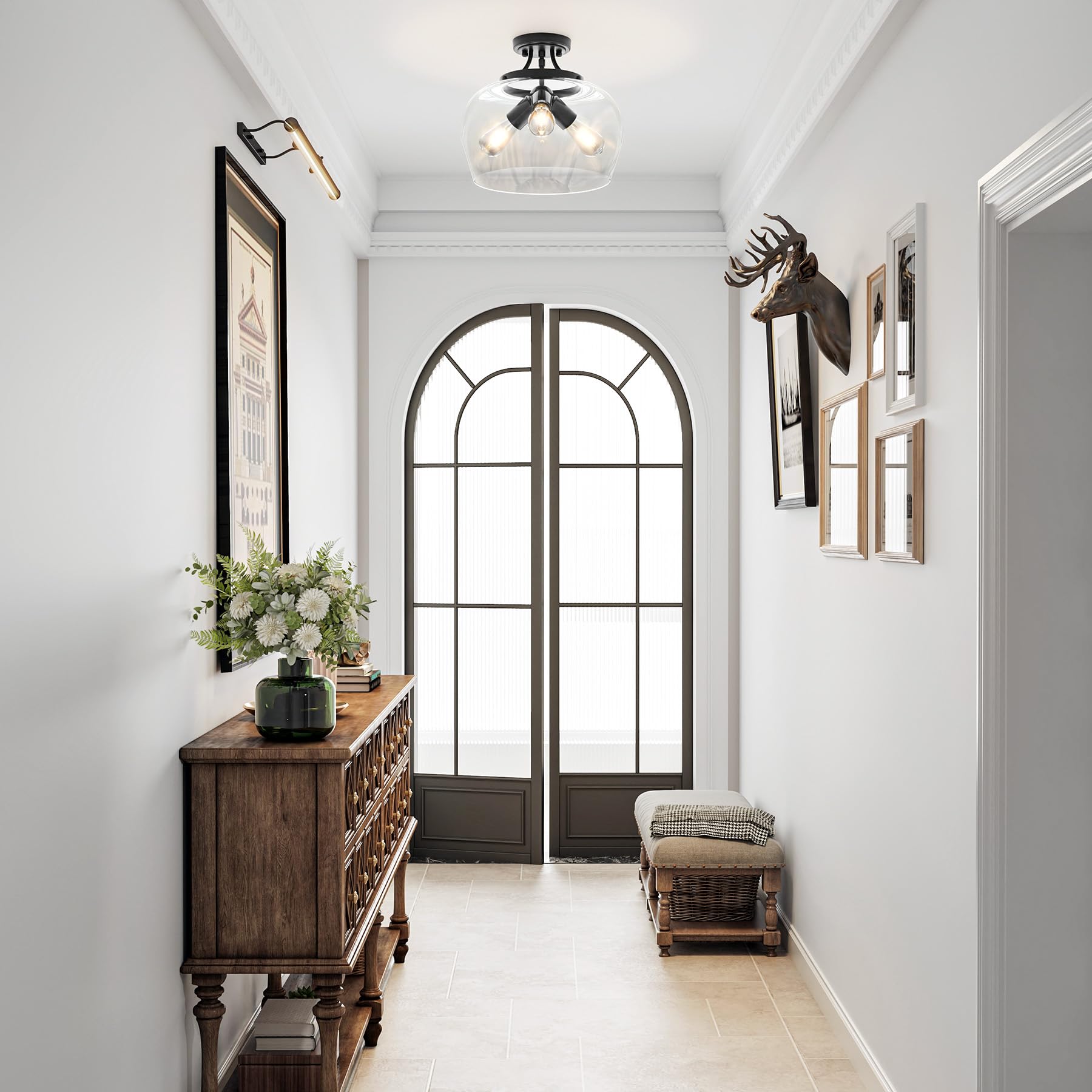 VONLUCE Semi Flush Mount Ceiling Light, 13.8in Industrial Fixture, Matte Black, 3-Bulb, Clear Glass Shade, E26 Base, Model HCF280600V