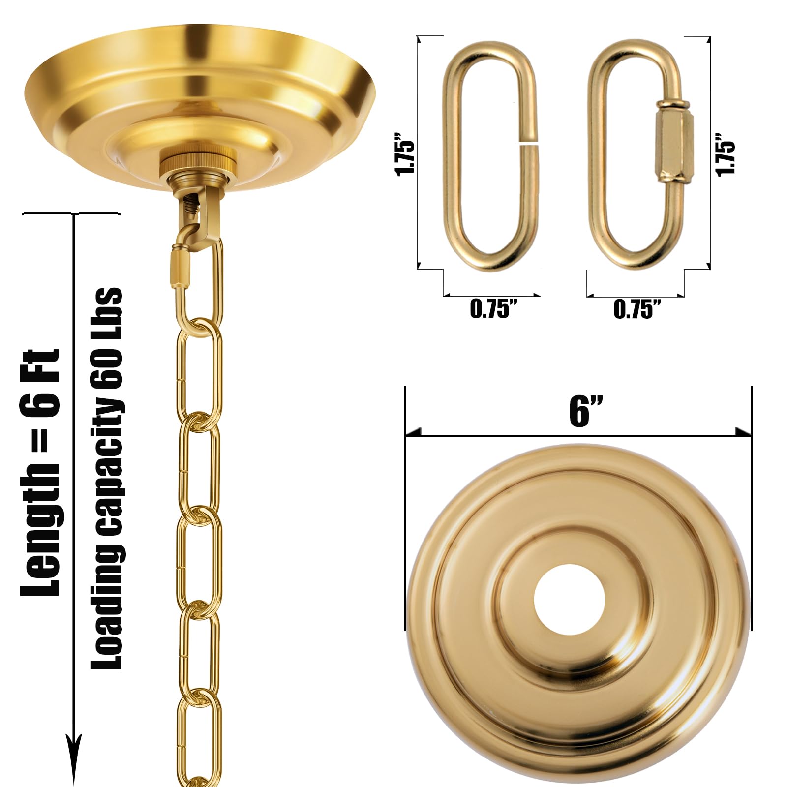 MAYOMAJO 6 Inch Light Canopy Kit with 6 Ft Chain, Heavy Duty Brass Replacement Cover for Chandelier, Pendant, Ceiling Fan, DIY
