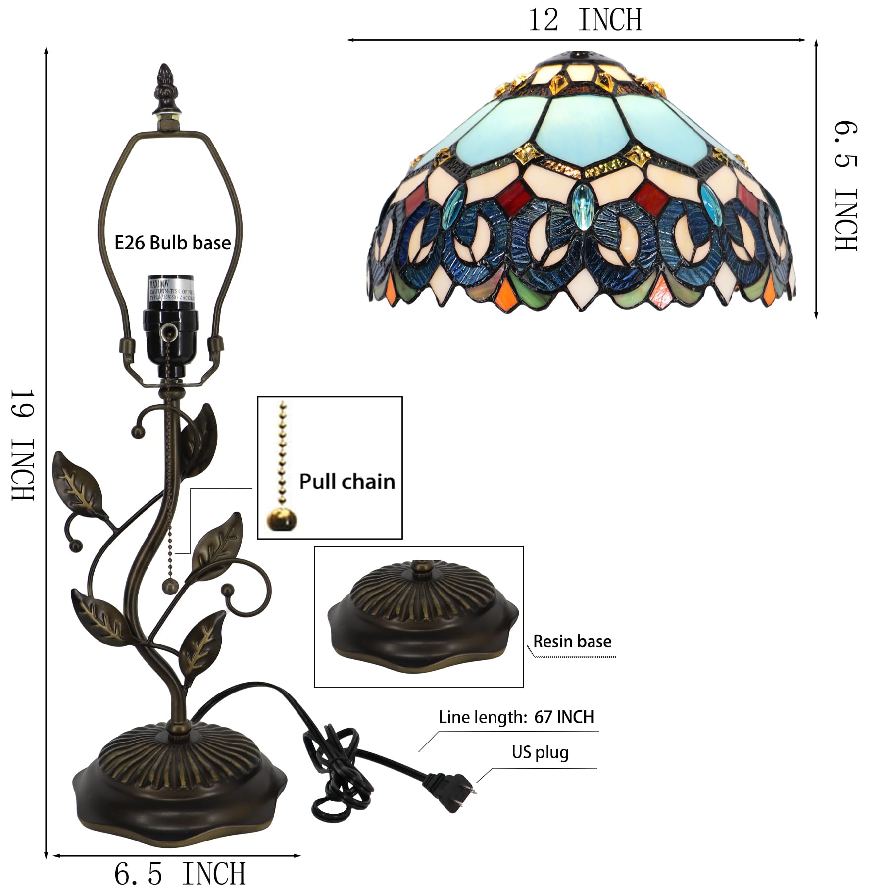 Lxhcyou Tiffany Table Lamp, Stained Glass Desk Light, W12H19 Inch, Metal Leaf Base (Baroque Style)