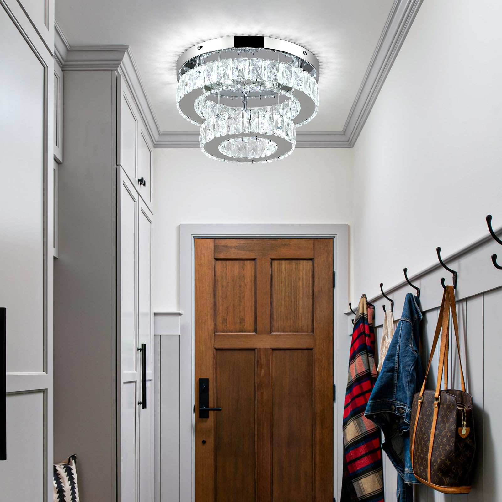 LEONTYNE 12 Inch Mini Chandelier LED Crystal Ceiling Light, Modern Flush Mount, Polished Stainless Steel, Round-Cool, Model MC006-Cool-New