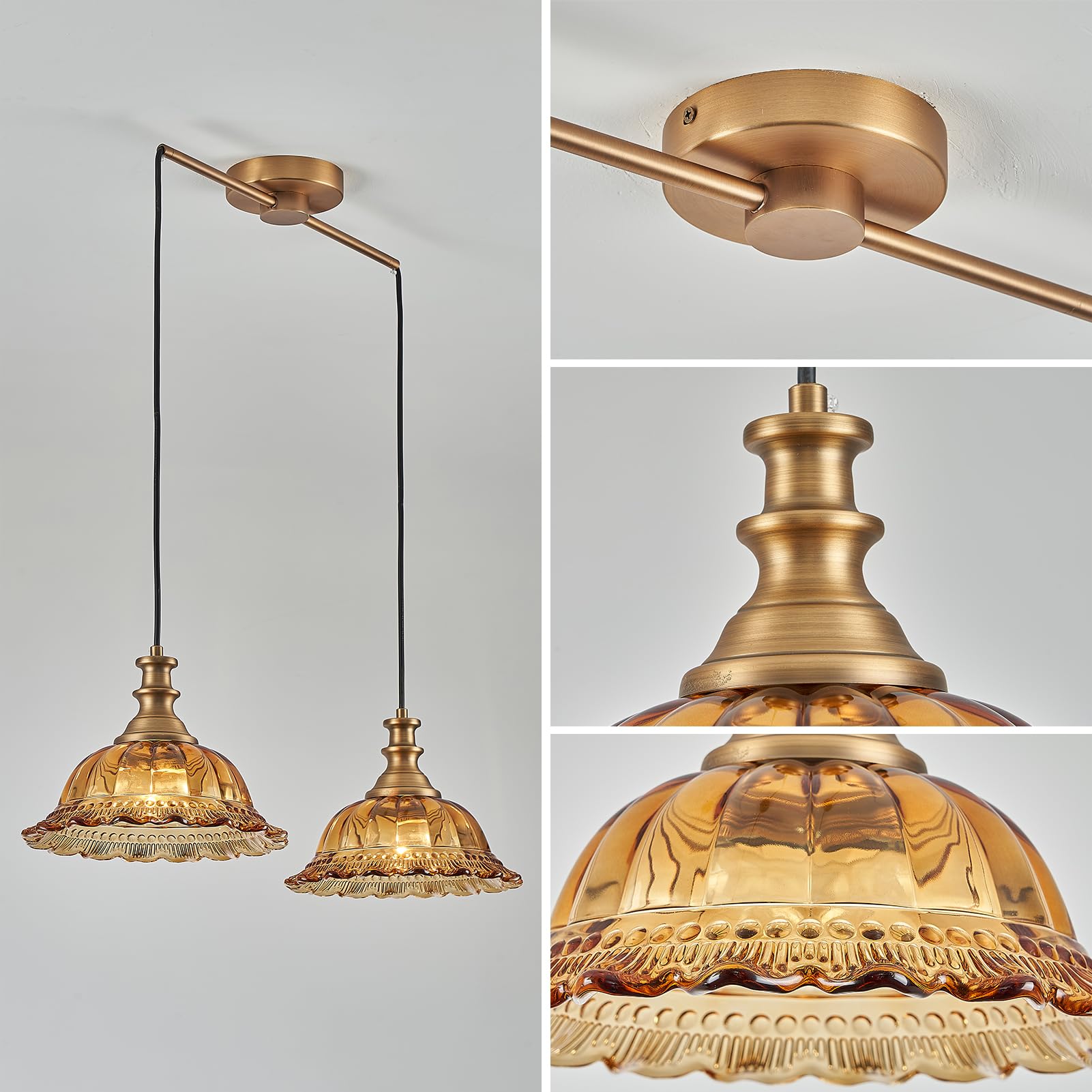 HDDFL Vintage 2 Light Pendant Light Fixture, Amber & Brass, Metal, Adjustable Cord for Kitchen Island & Dining Room, Model SS87M-2CC