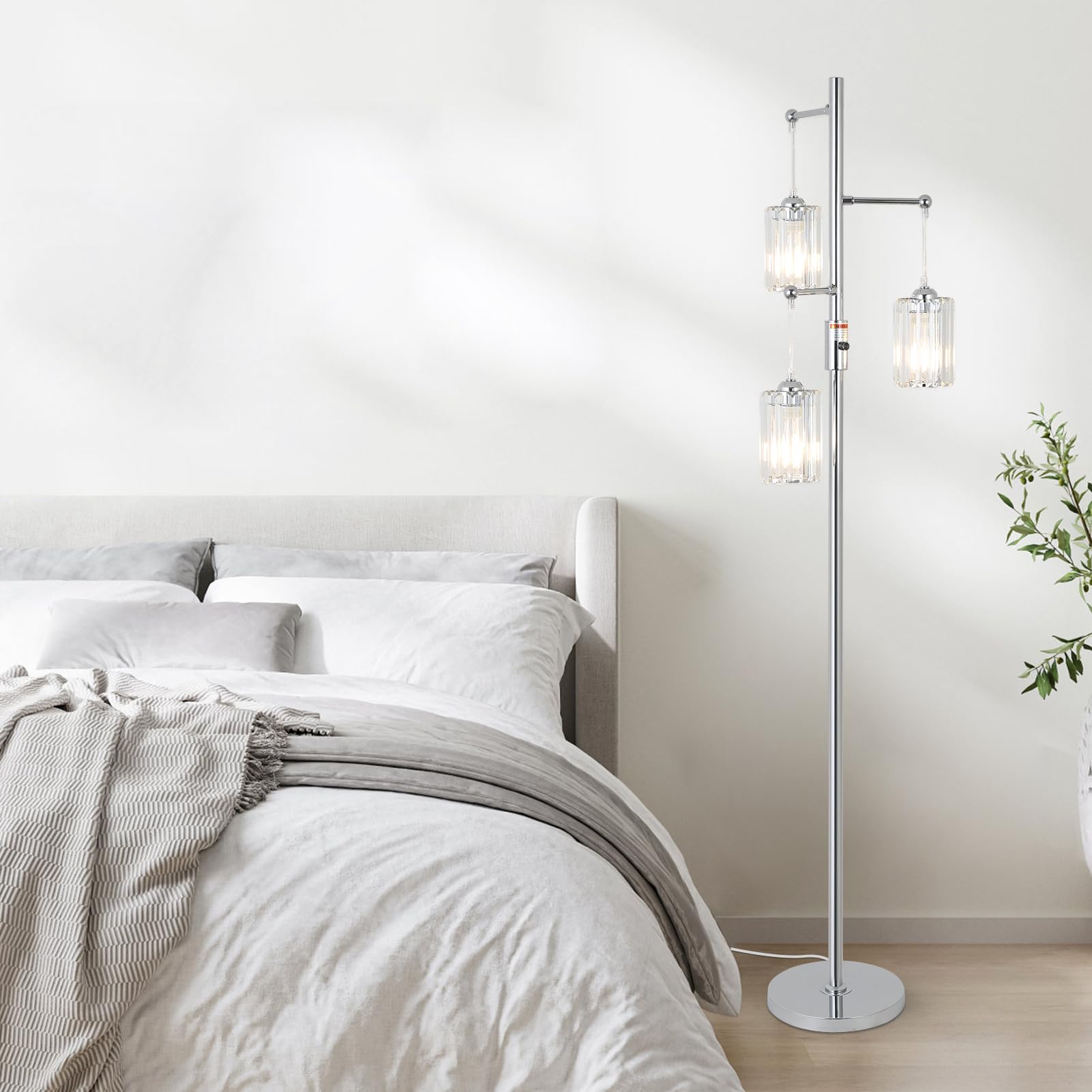 Stepeak Modern Crystal Floor Lamp, 65" Tall Dimmable Silver Tree Lamp with Dimmer Switch, Ideal for Living Room and Bedroom Reading