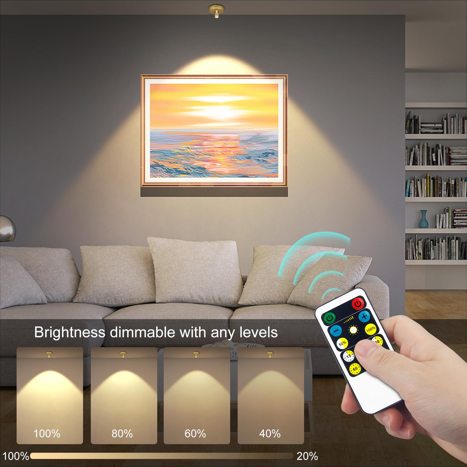 Arixinks 2-Pack Gold Battery Spotlight with Remote - Wireless LED Picture Lights for Wall Art, Indoor Plants, and Ceiling Accent Lighting