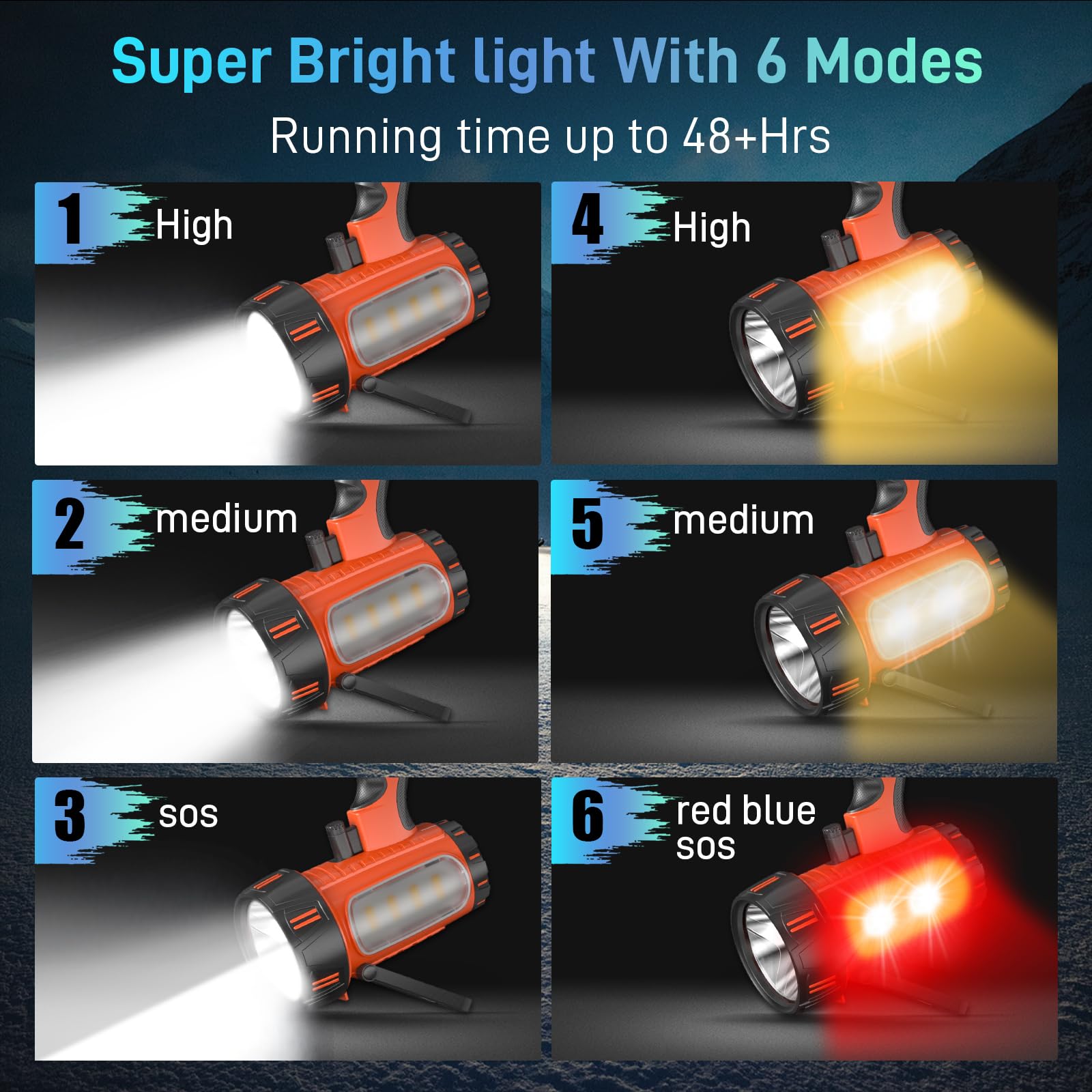 CHRMJERN Rechargeable Spotlight, 1000,000 LM LED, 10000mAh, Waterproof, Orange, Model FL1, with Tripod
