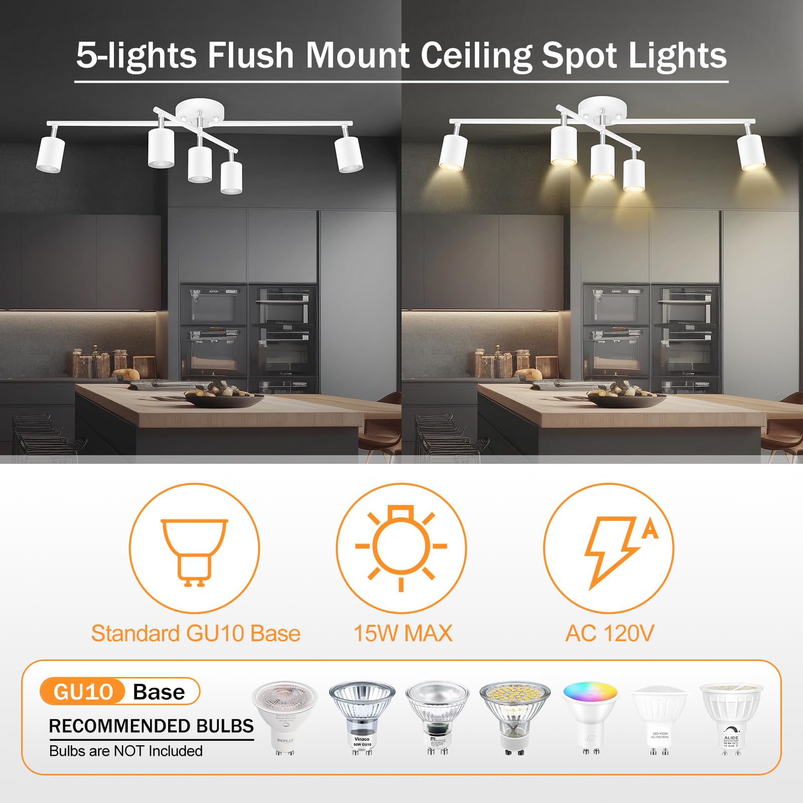 White Track Lighting Kitchen, 5 Way Modern Flexible Spot Ceiling Kit, Industrial Led Lights For Room Hallway Bedroom(Gu10 Socket