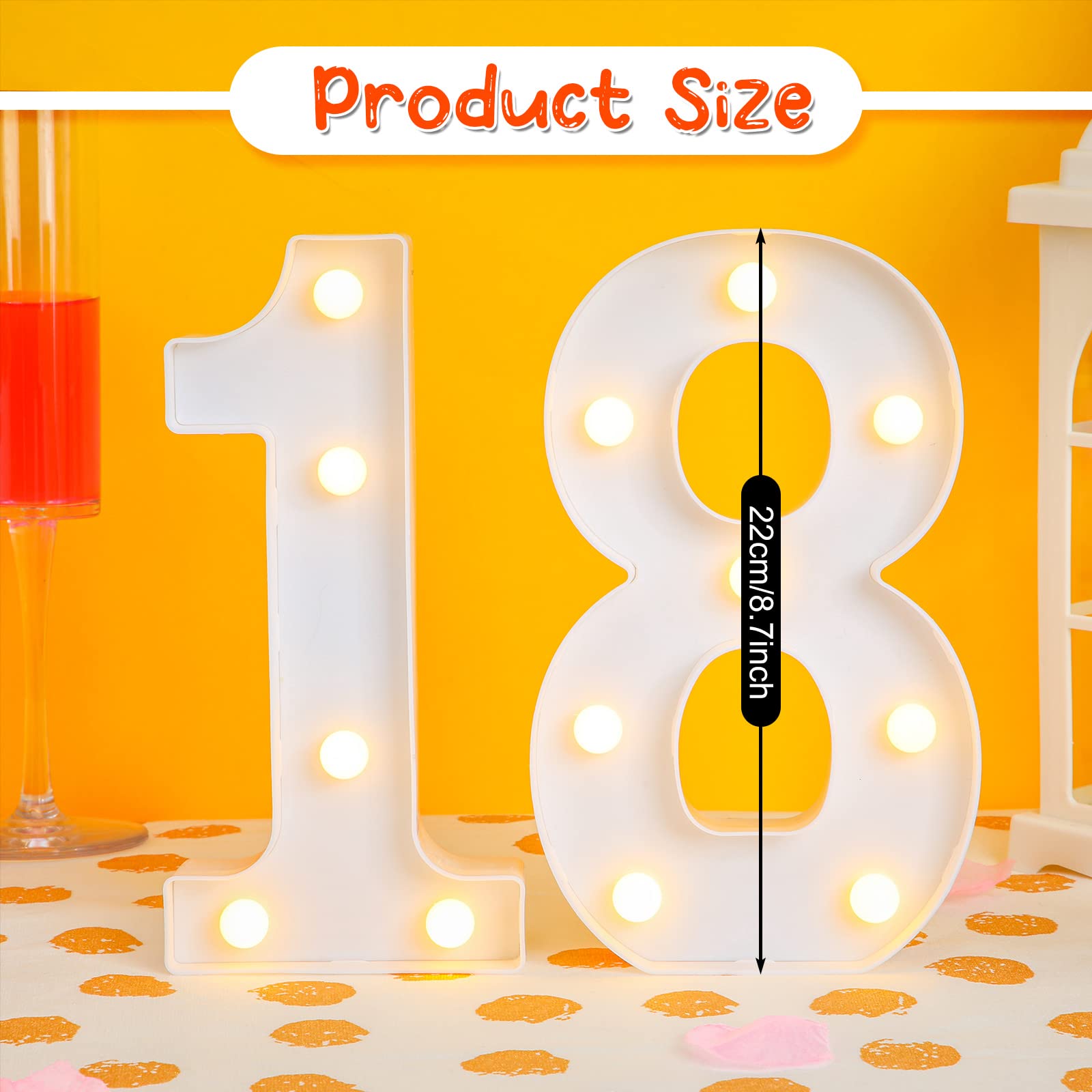 Treela LED Birthday Number Sign, 8.7in  Glitter Marquee, 18th Size, White, Model Treela-Light-01